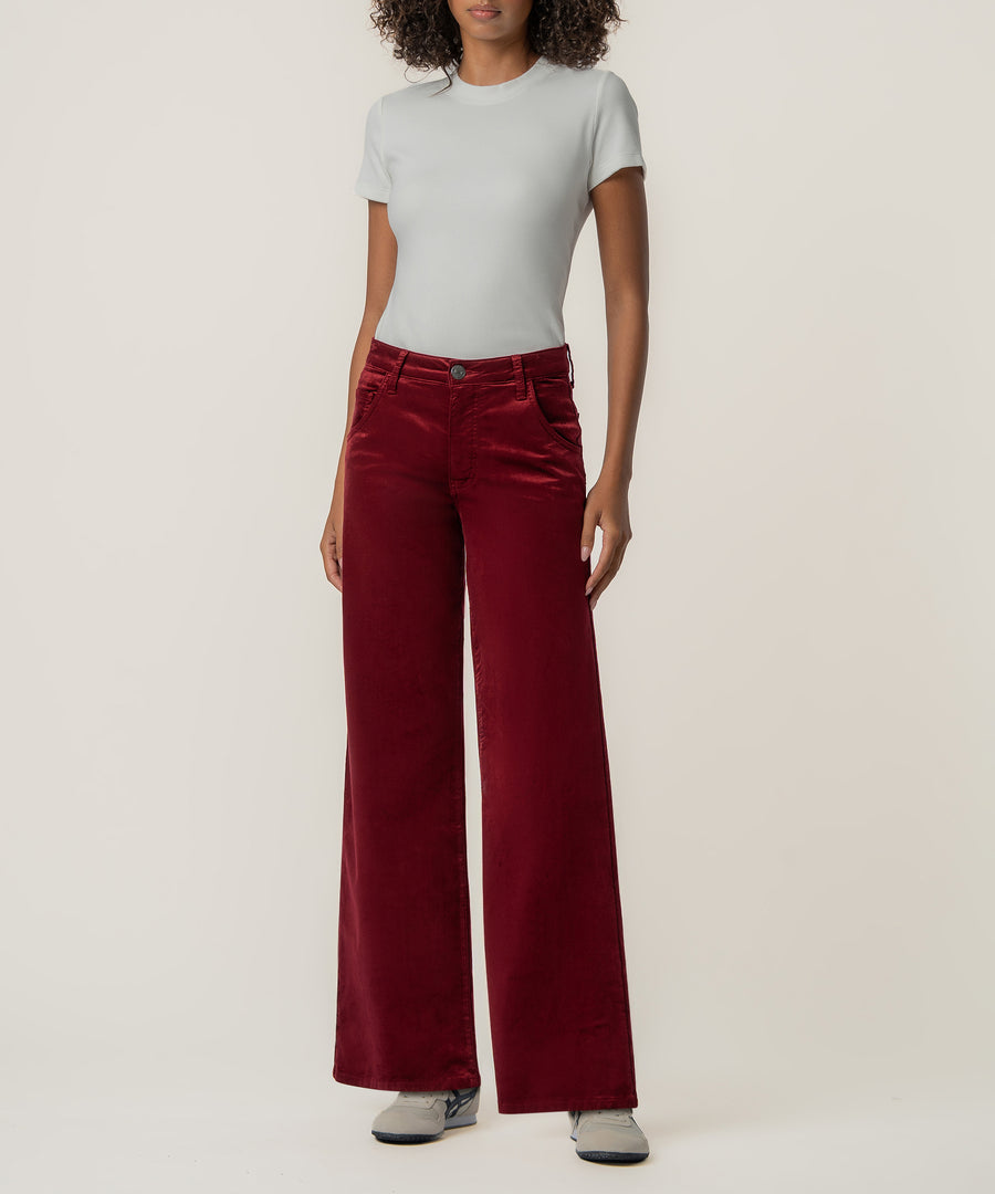 Jean Velveteen High Rise Flare in Cranberry