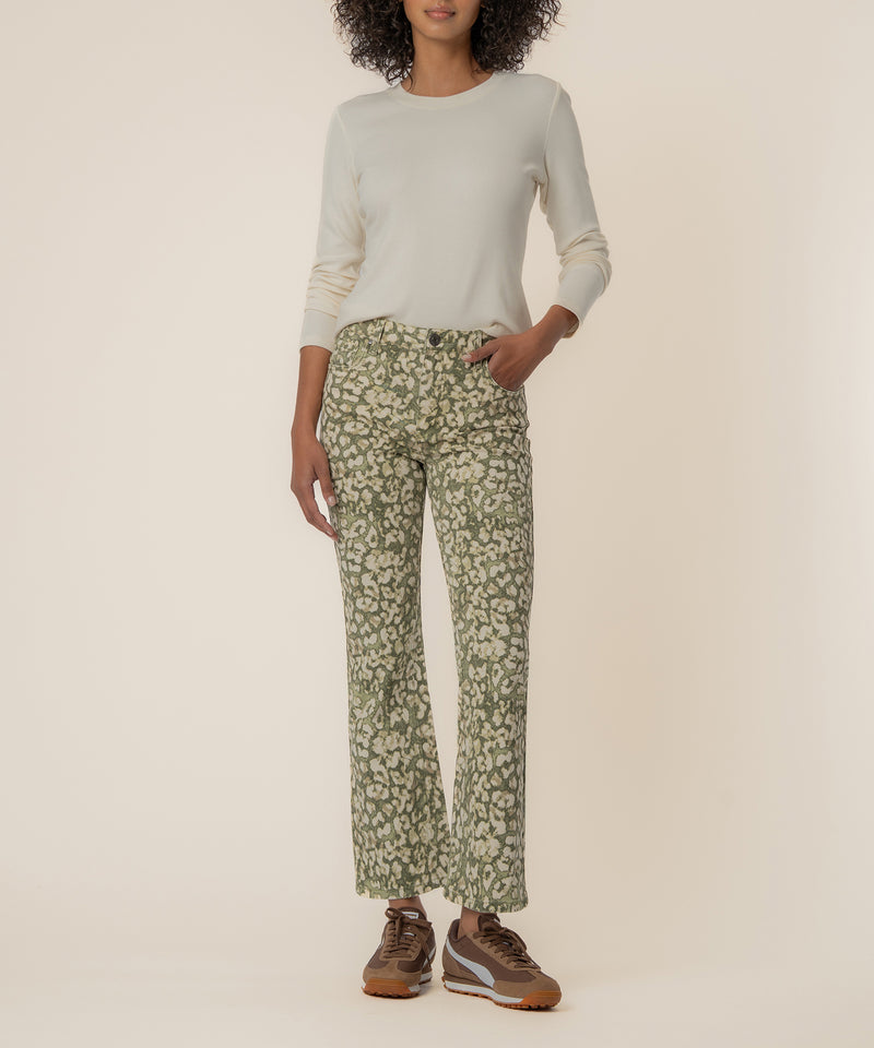 Dark olive floral ankle flare jeans with high rise waistband, shown with cream long-sleeve top.