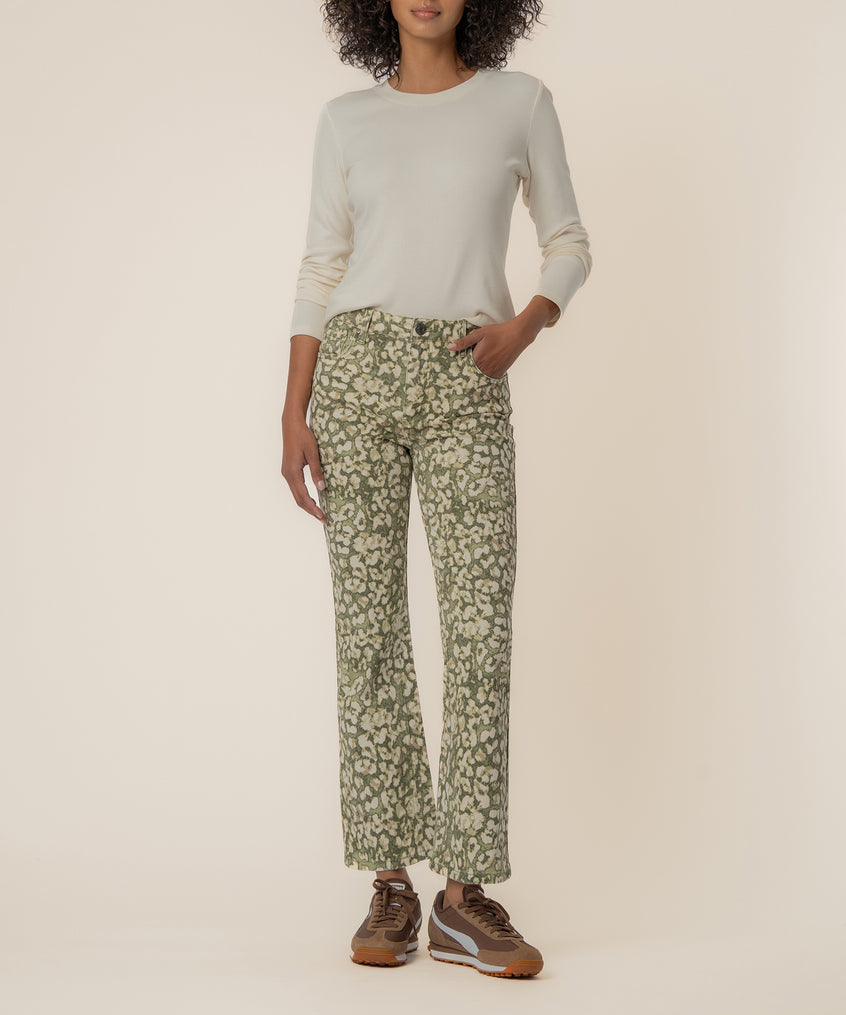 Dark olive floral ankle flare jeans with high rise waistband, shown with cream long-sleeve top.