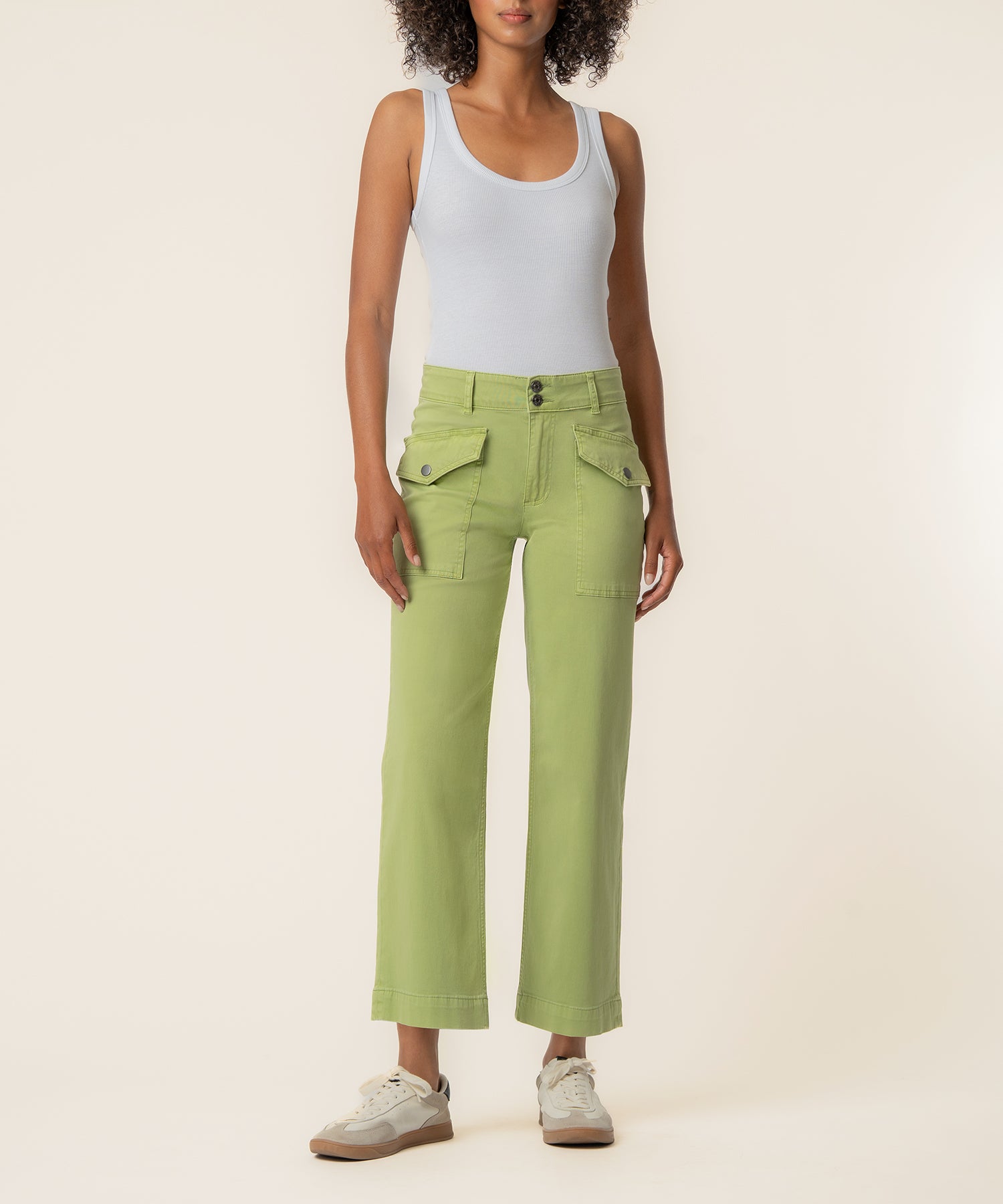 AUBERGE BIG CHARLOTTE Ecru×Green Charlotte Twill High Rise Wide Leg in Green Tea - Kut from the Kloth