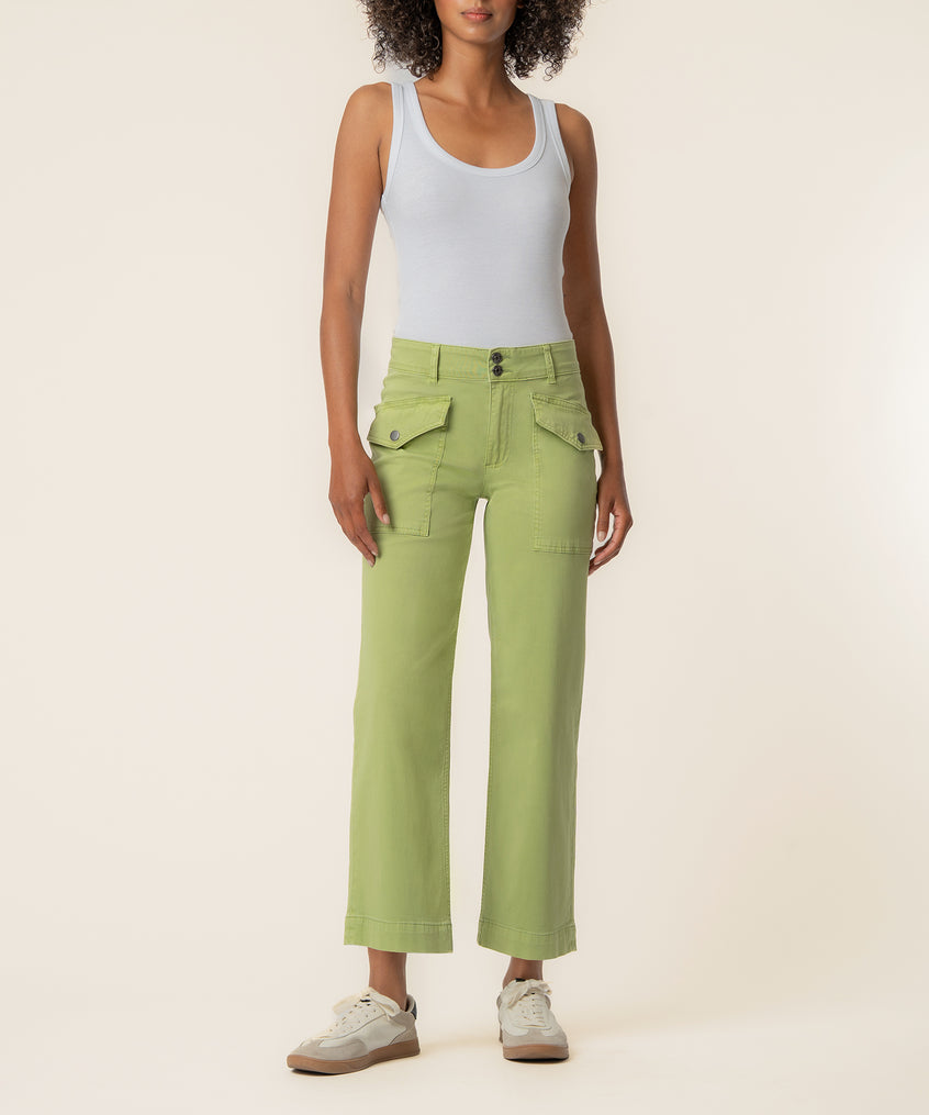 High-rise wide-leg twill pants in green tea with cargo pockets, paired with a white sleeveless tank top.
