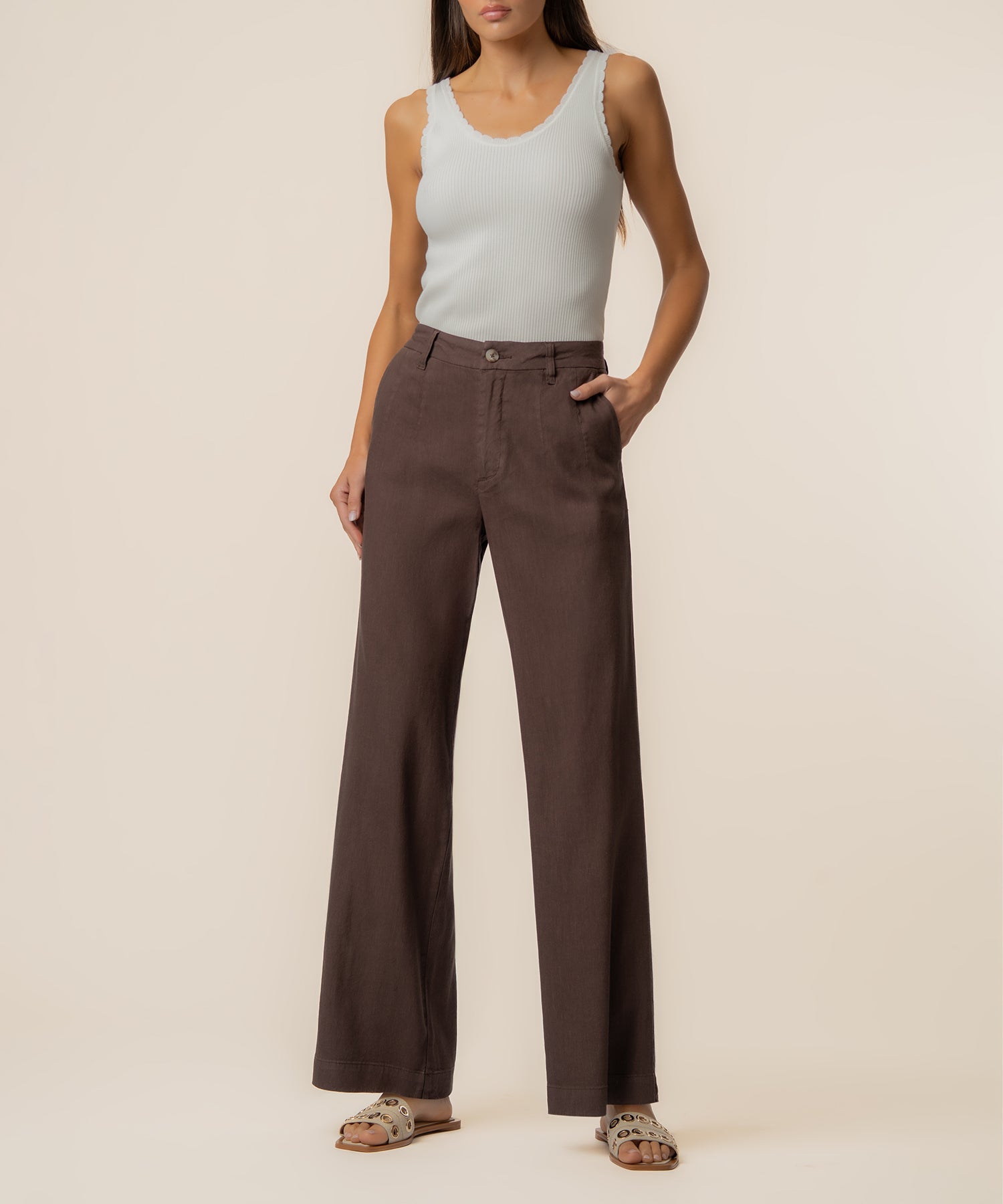 Meg Linen High Rise Wide Straight Leg in Chocolate - Kut from the