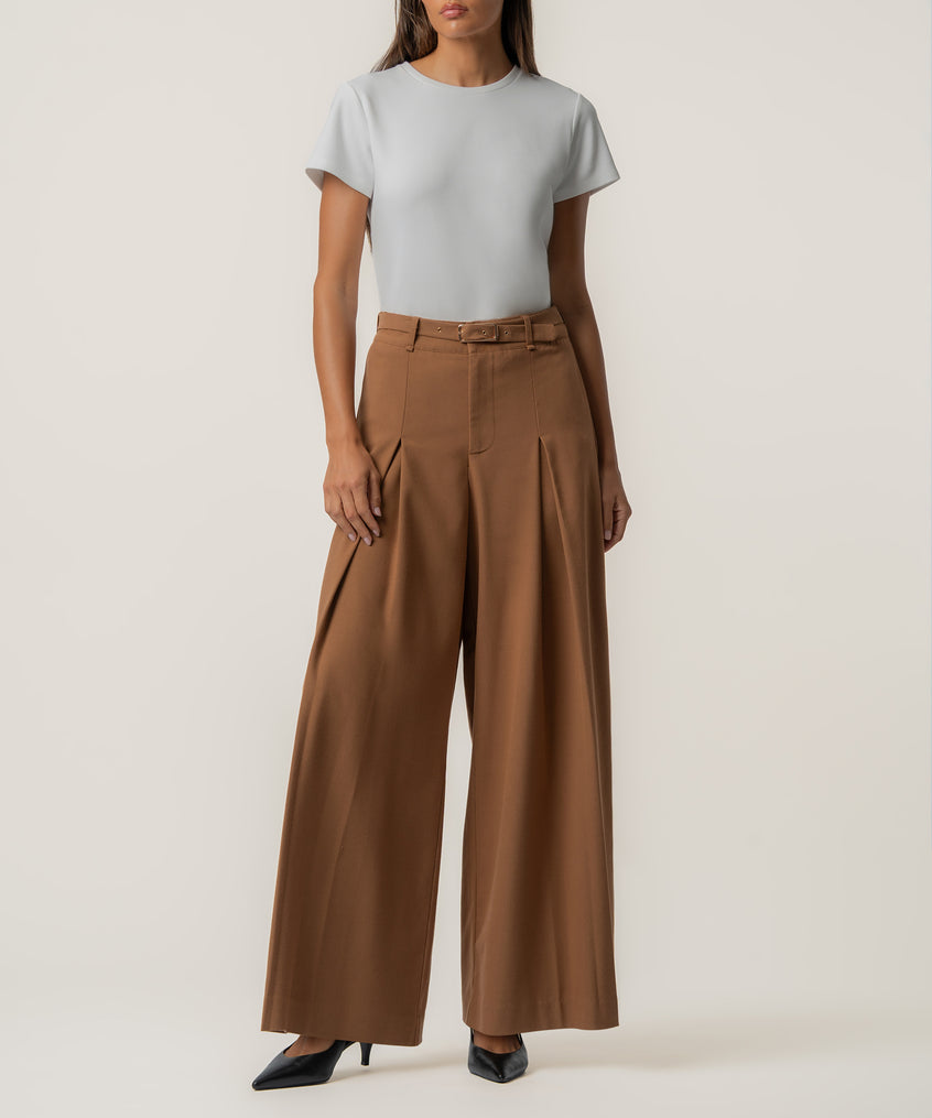 Woman wearing camel high-rise palazzo pants with wide legs and a light gray t-shirt.