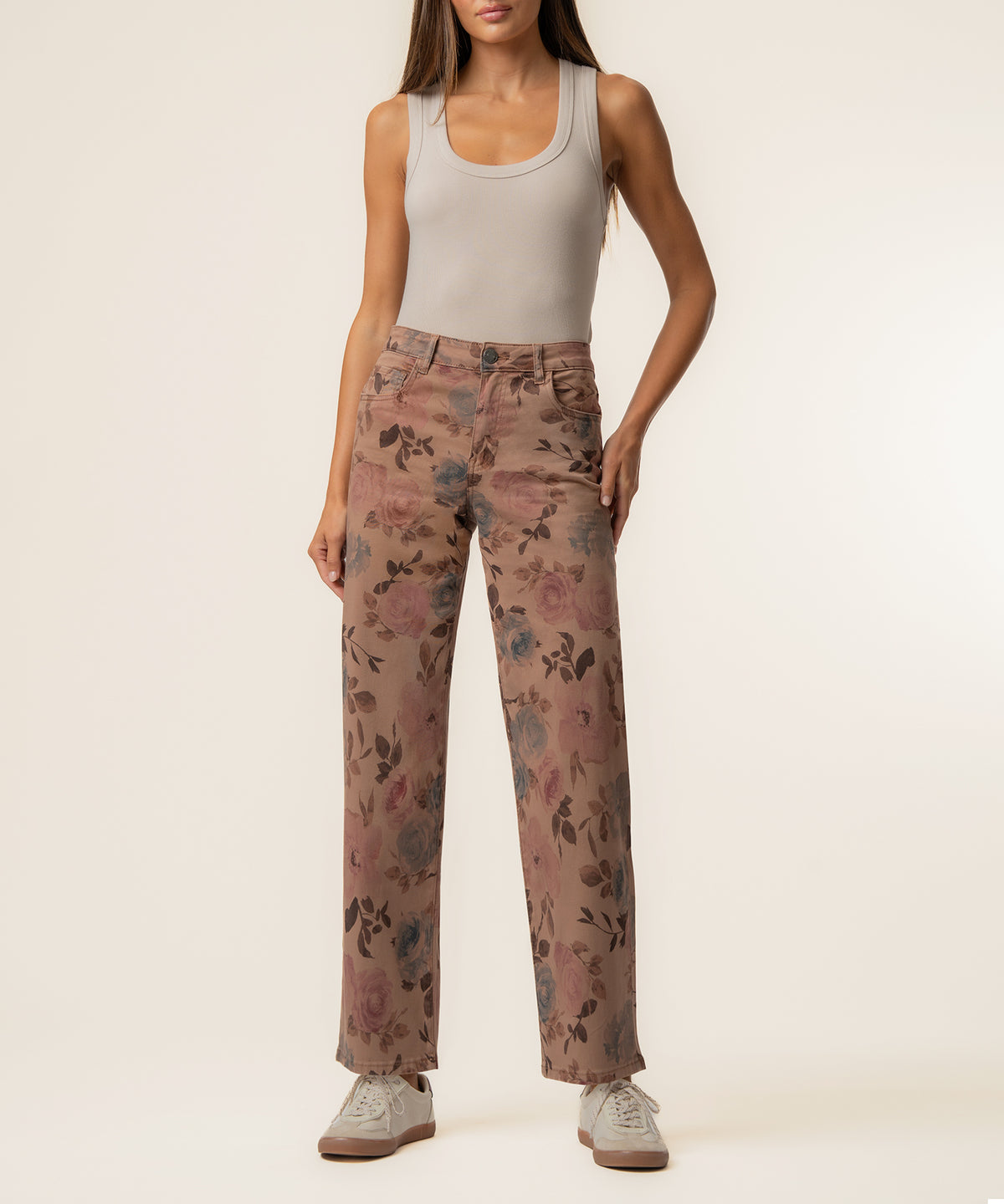 Mauve twill wide-leg pants with floral print, high-rise waistband, worn with cream tank top.