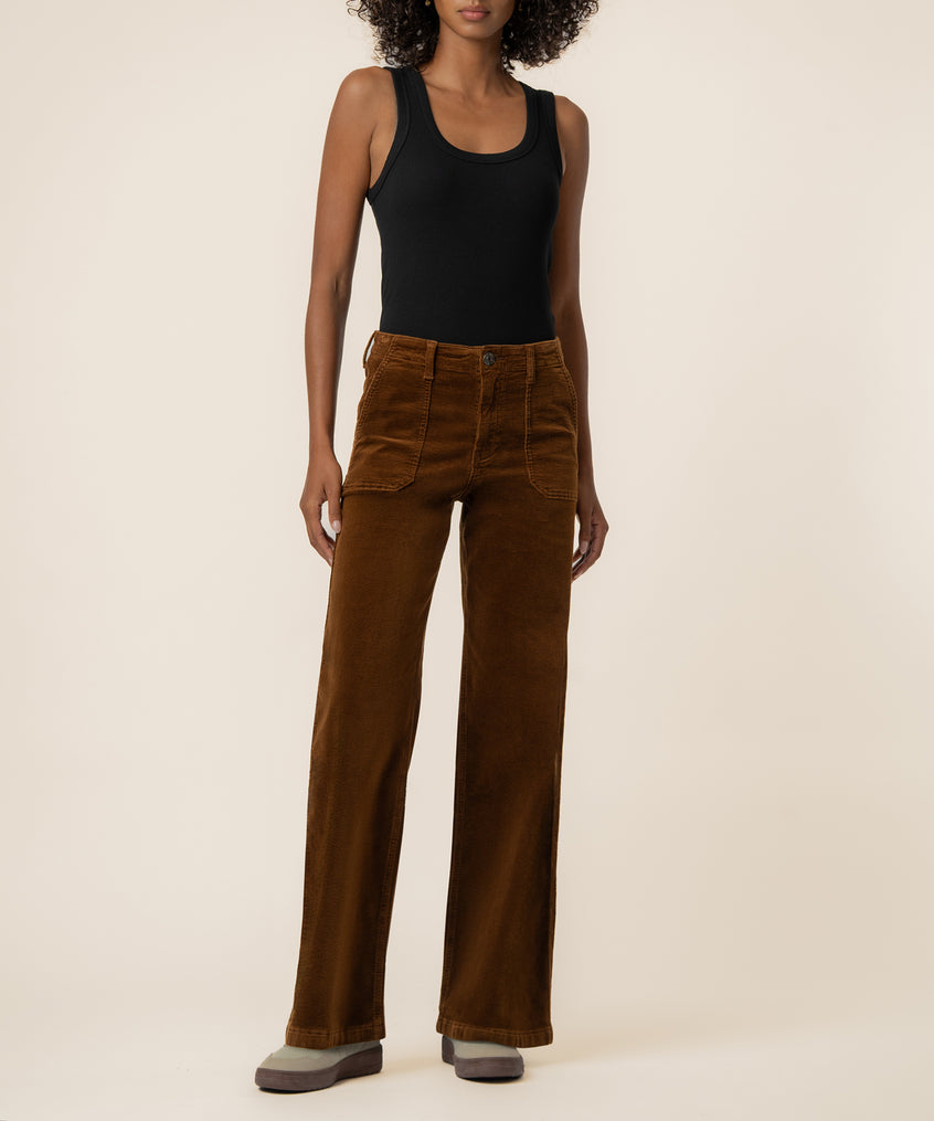 Brown corduroy high-rise wide-leg pants with button fly and patch pockets, styled with black tank top.