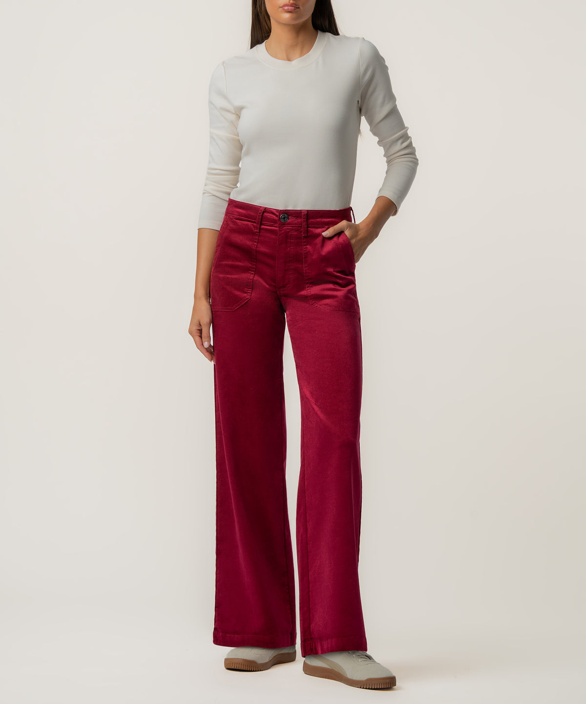 Jodi Velveteen High Rise Wide Straight Leg in Fuchsia