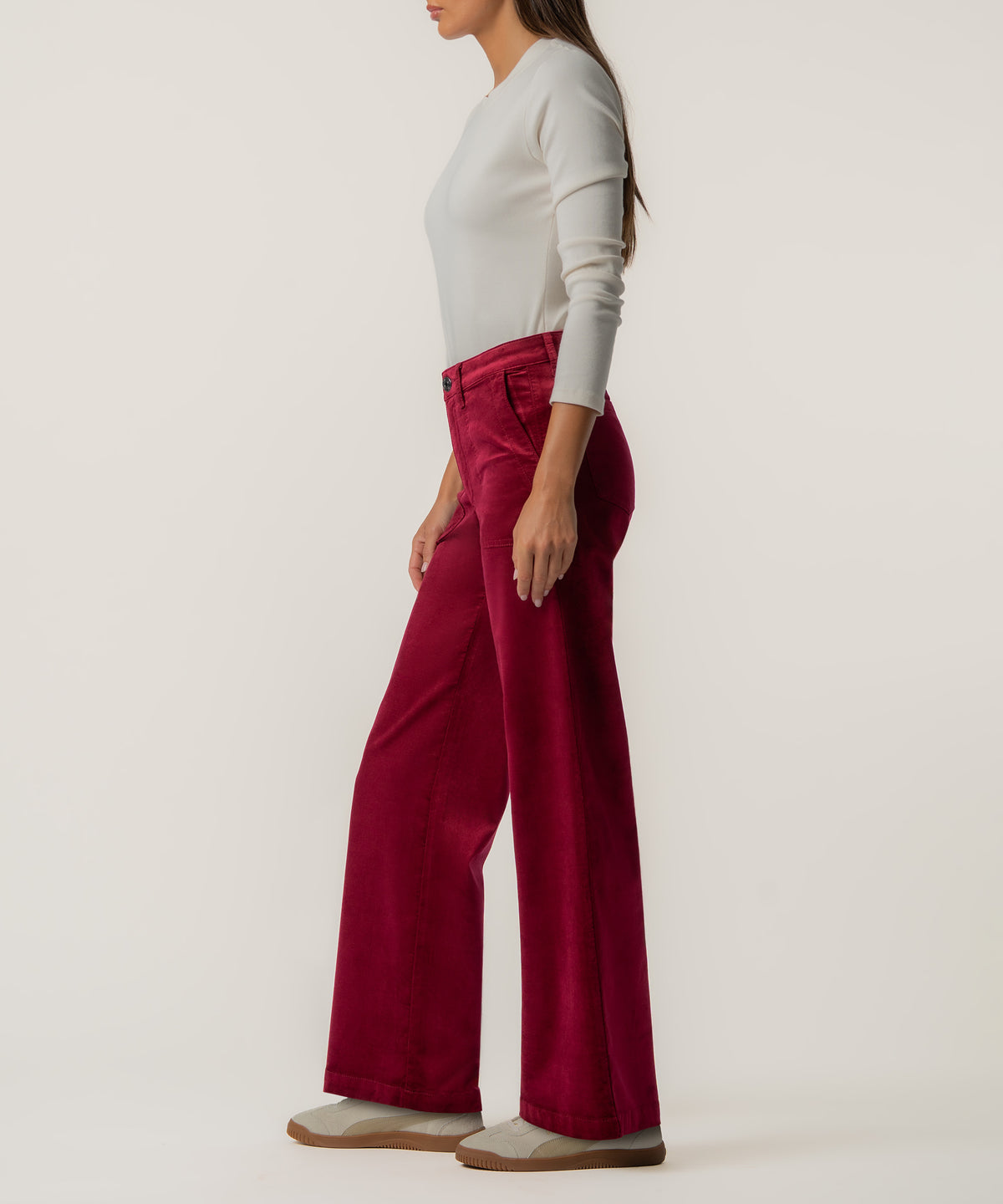 Jodi Velveteen High Rise Wide Straight Leg, Short Inseam in Fuchsia