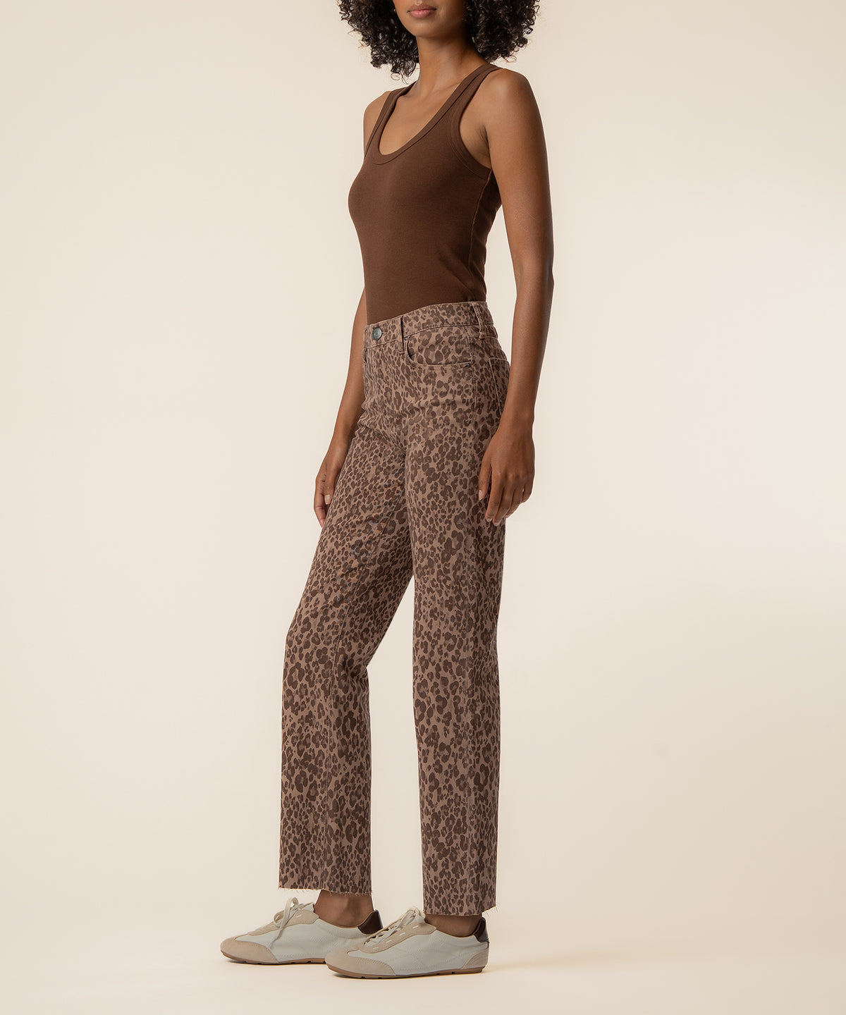 Chestnut leopard print straight leg pants styled with a brown sleeveless tank top.