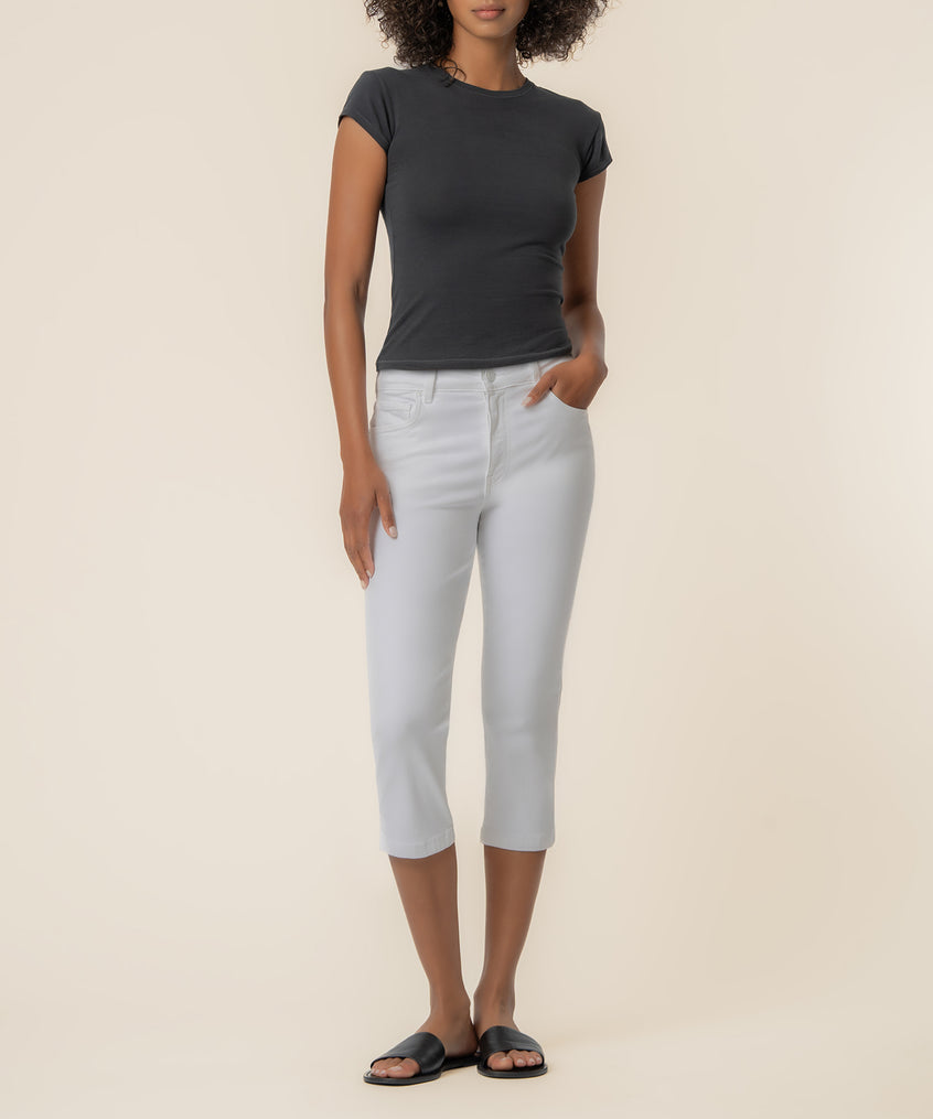 White high-rise capri pants with front pockets, styled with a black short-sleeve tee.