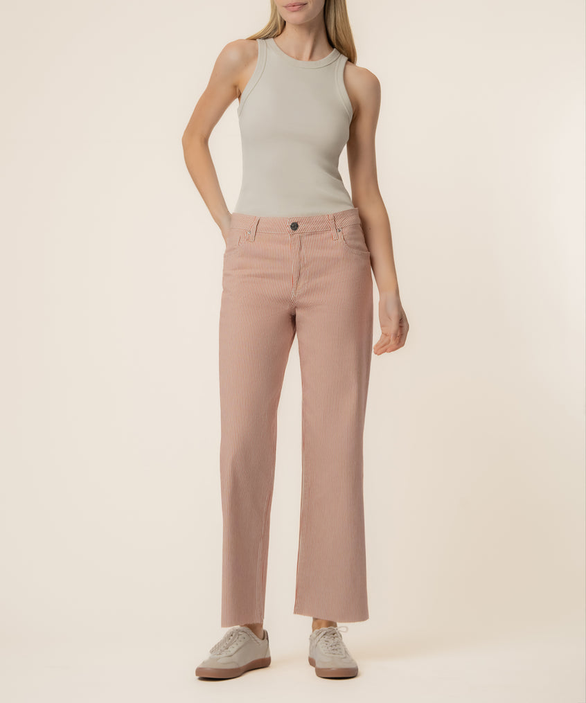 Red and ivory striped high-rise wide straight leg jeans with a button waistband.