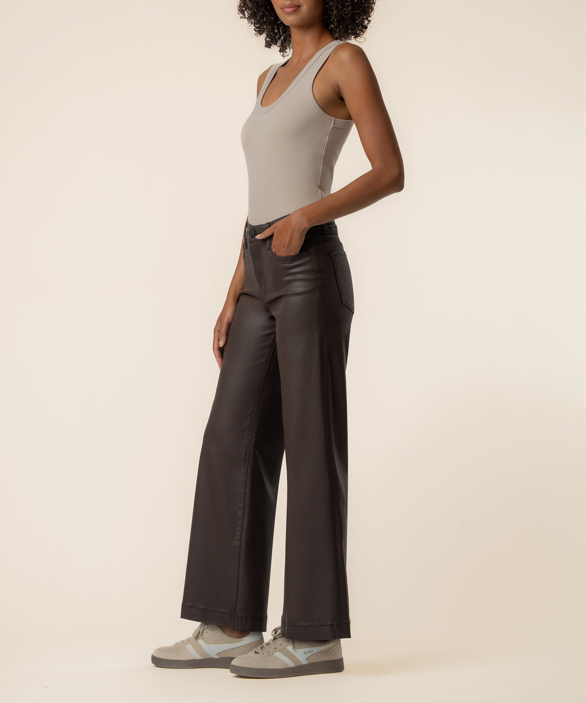 Meg Coated High Rise Wide Leg in Chocolate