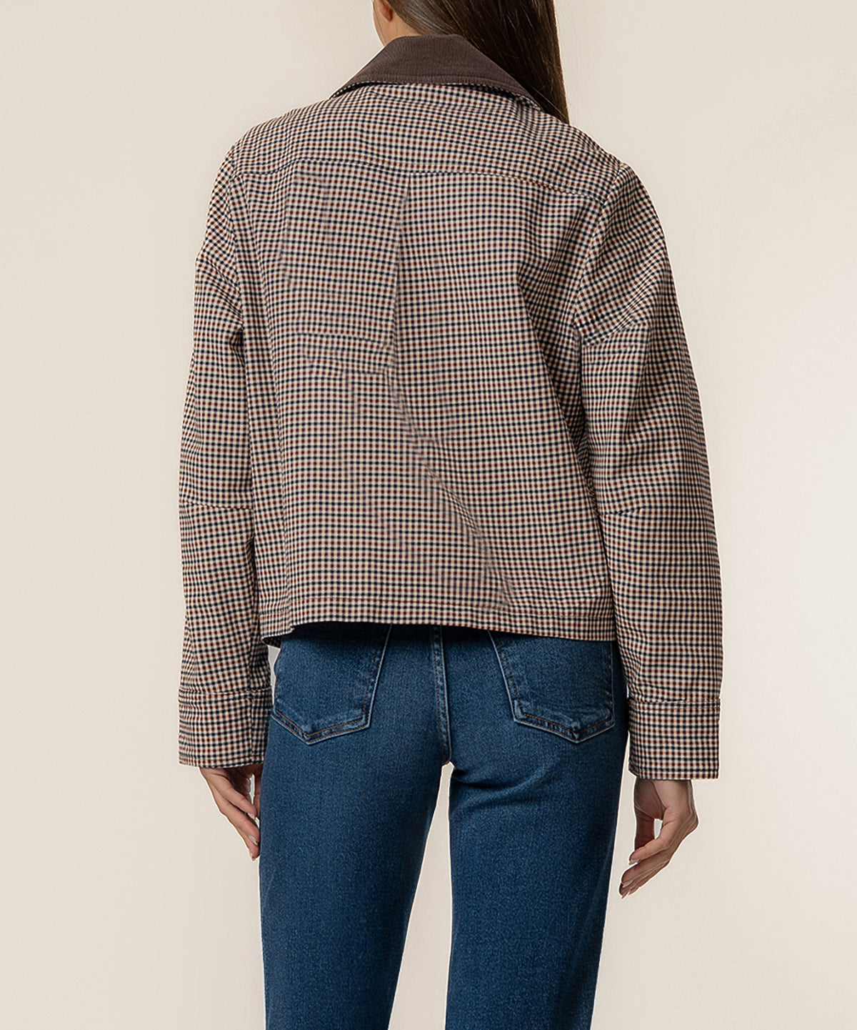 Chocolate brown and white gingham plaid jacket with collar, shown from back view on model wearing dark jeans.