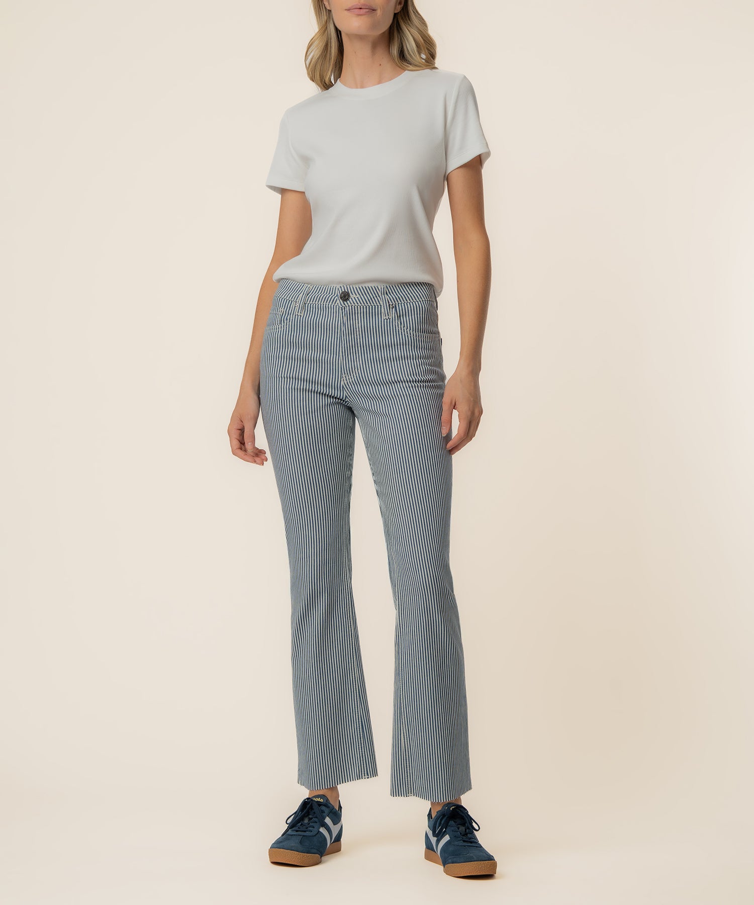 Kelsey Twill Stripe High Rise Ankle Flare in Navy/Ivory