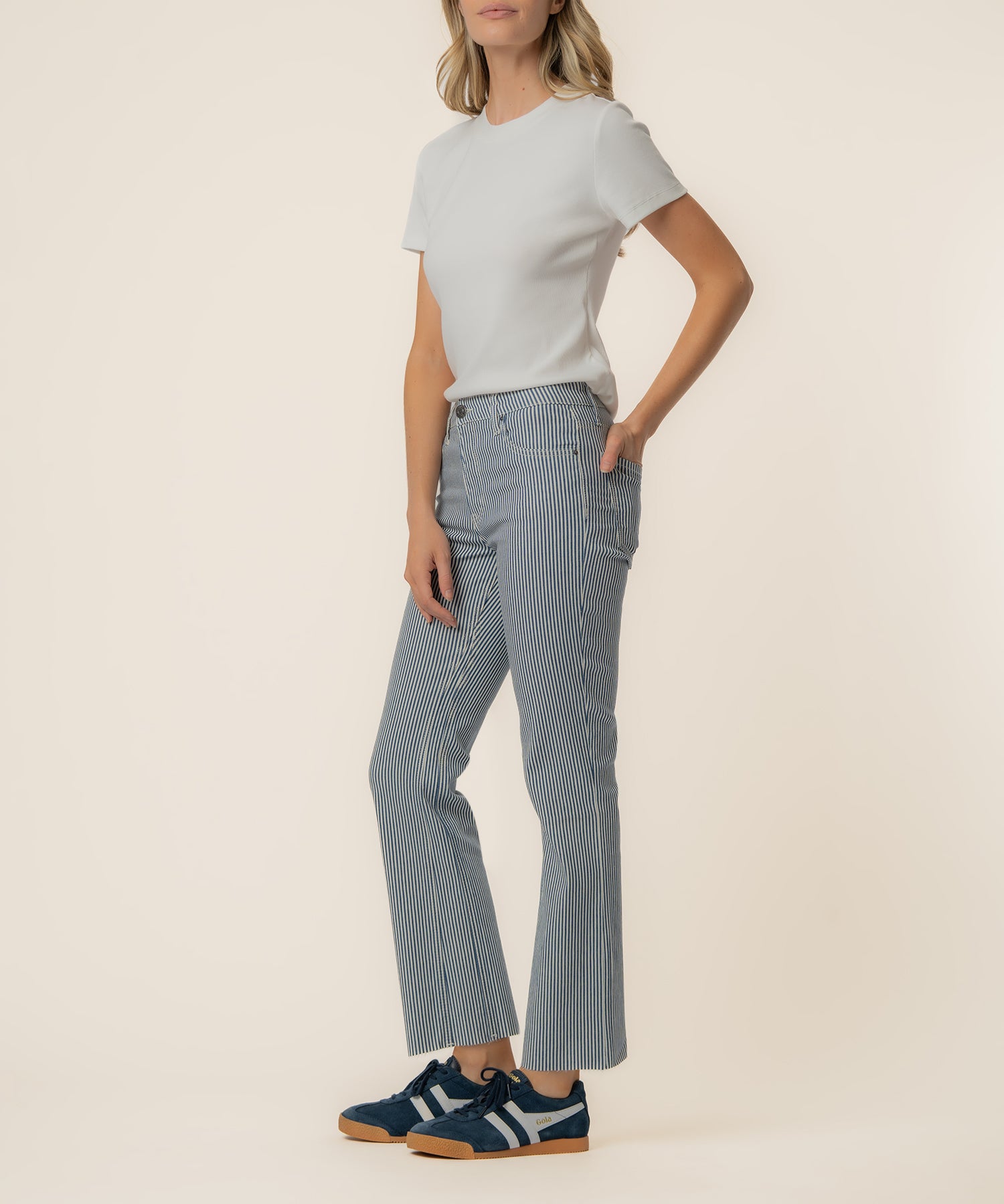 Kei Kei’s Kelsey Twill Stripe High Rise Ankle Flare in Navy/Ivory - Kut from