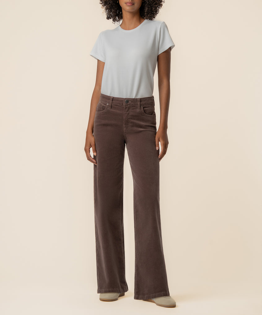 Mocha corduroy high-rise wide-leg jeans styled with a light blue t-shirt.