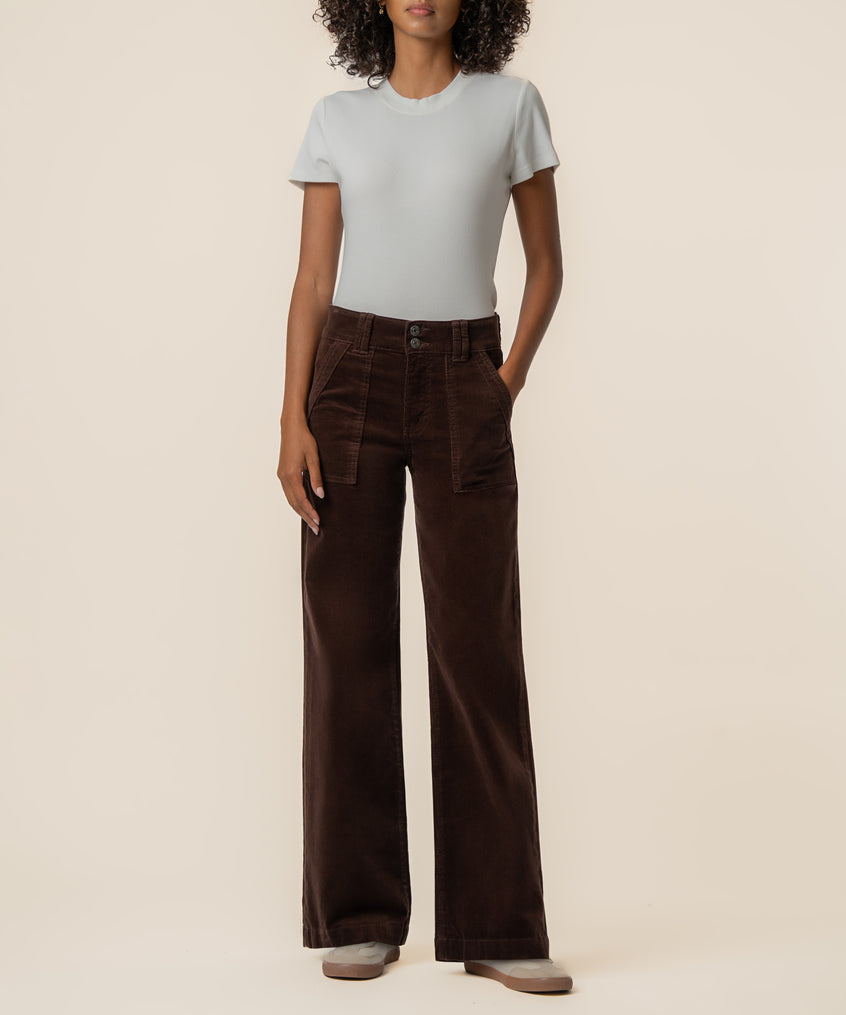 Brown corduroy high-rise wide-leg pants with patch pockets, styled with a light gray t-shirt.