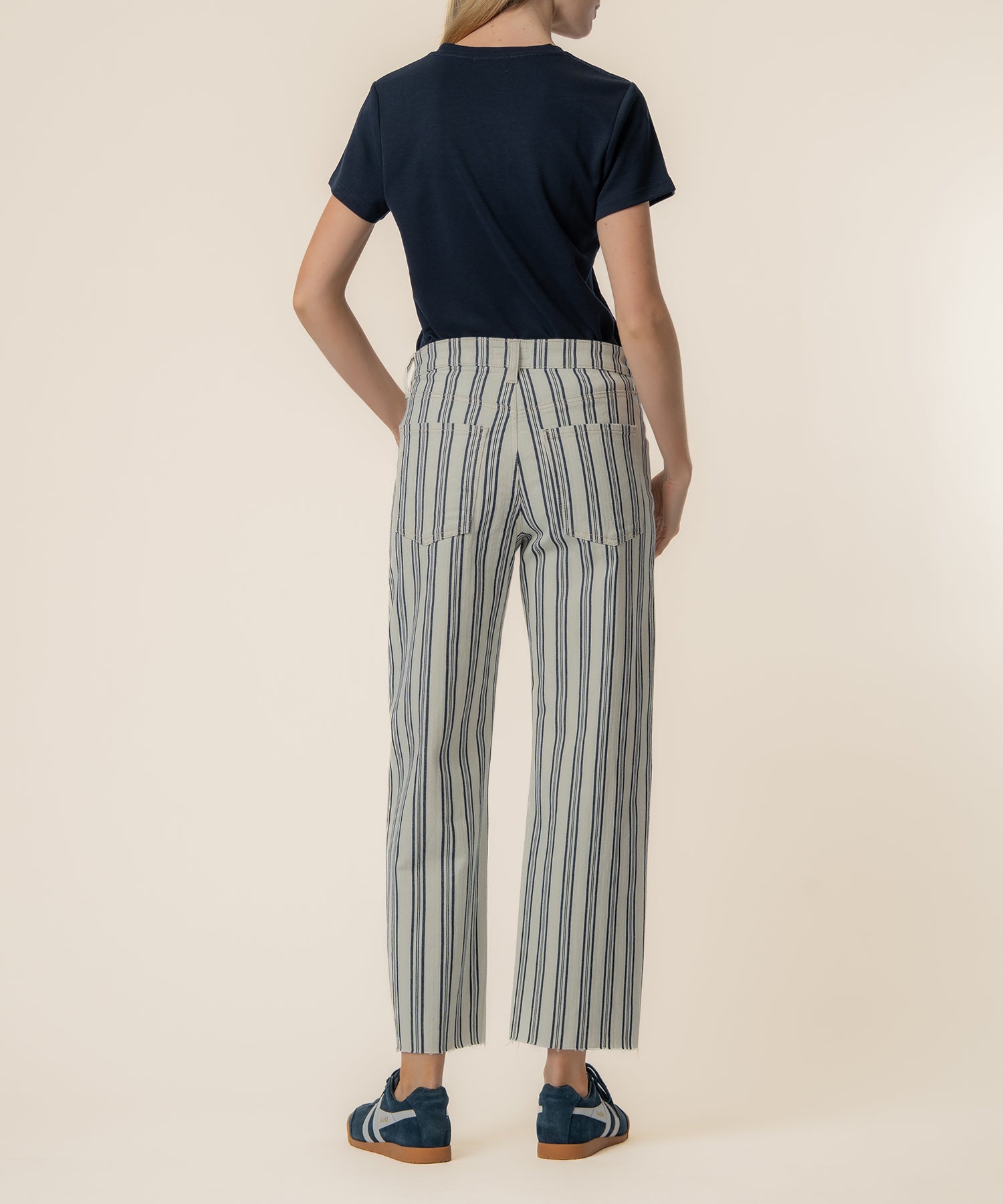 Gwen Stripe Twill High Rise Wide Straight Leg in Navy/Ivory