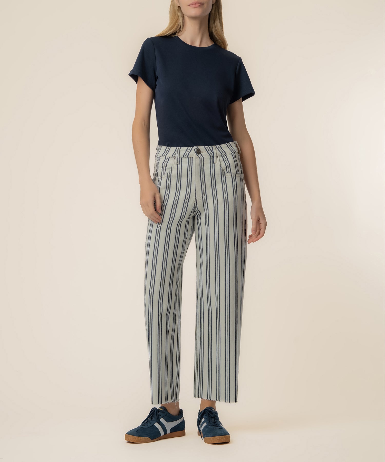 Gwen Stripe Twill High Rise Wide Straight Leg in Navy/Ivory - Kut