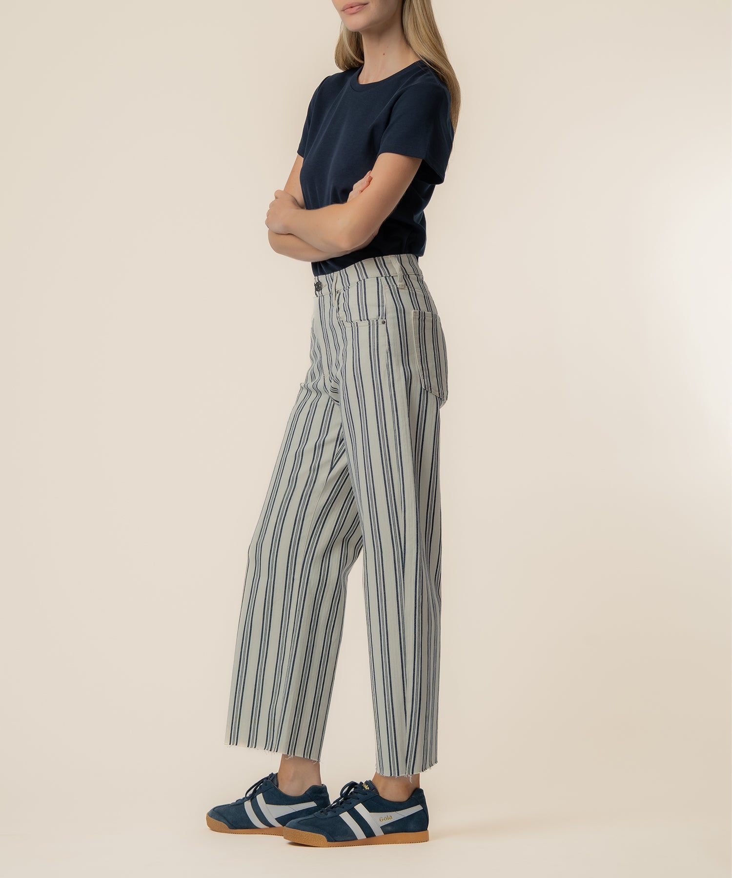 Gwen Stripe Twill High Rise Wide Straight Leg in Navy/Ivory