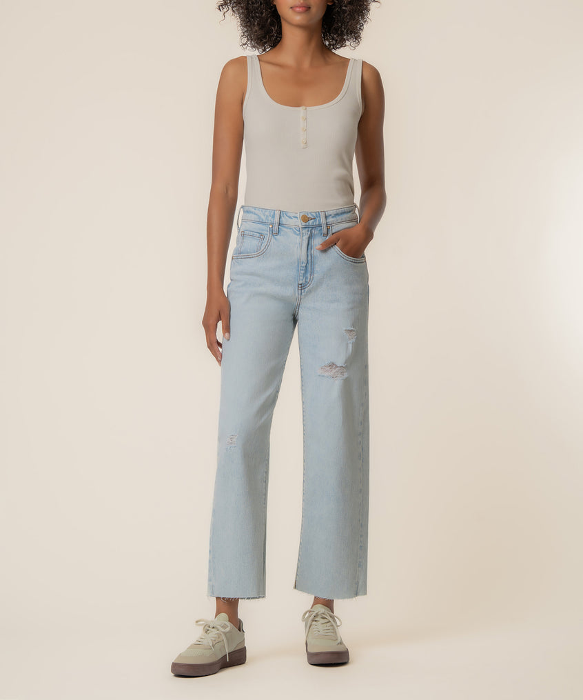 Light wash high-rise wide leg jeans with distressed details and cropped length.
