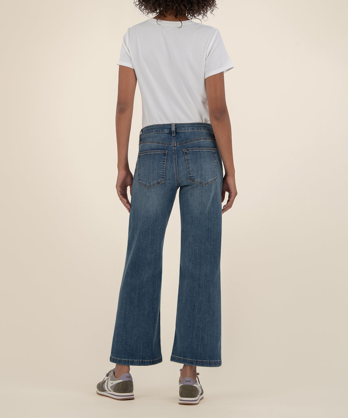 High-rise wide-leg jeans in medium blue wash, shown from back worn with white t-shirt.