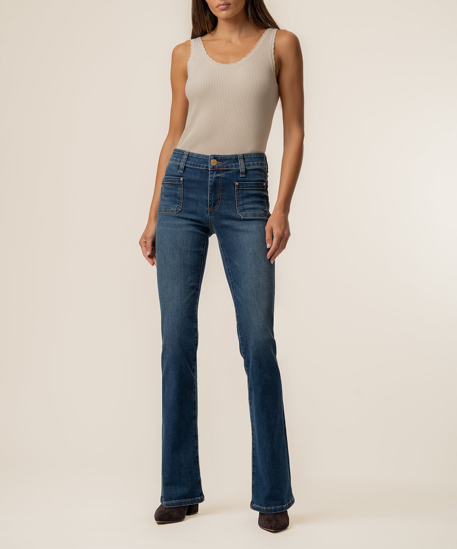 Natalie Mid Rise Flare, Petite in Champ Wash