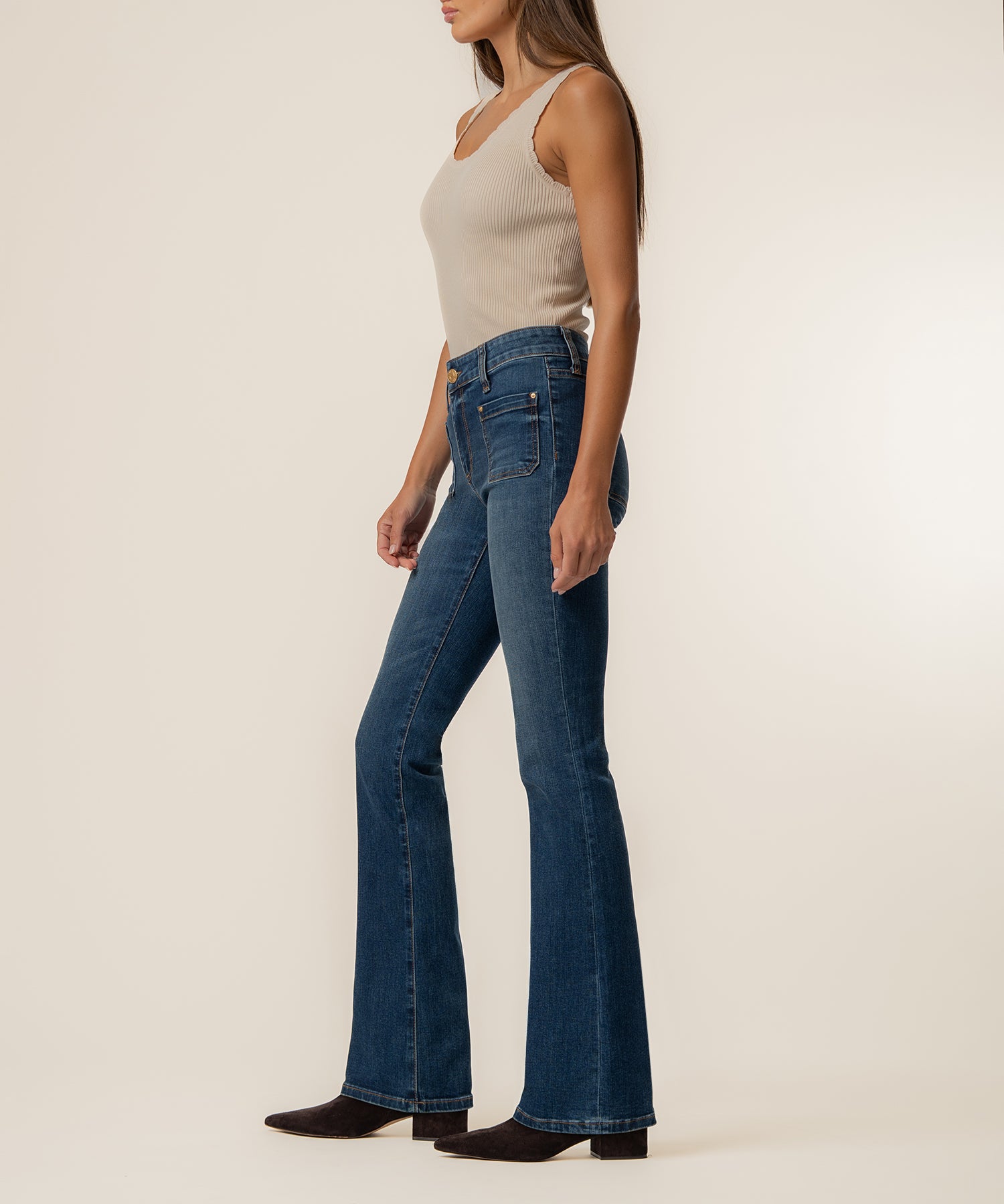 Natalie Mid Rise Flare, Petite in Champ Wash