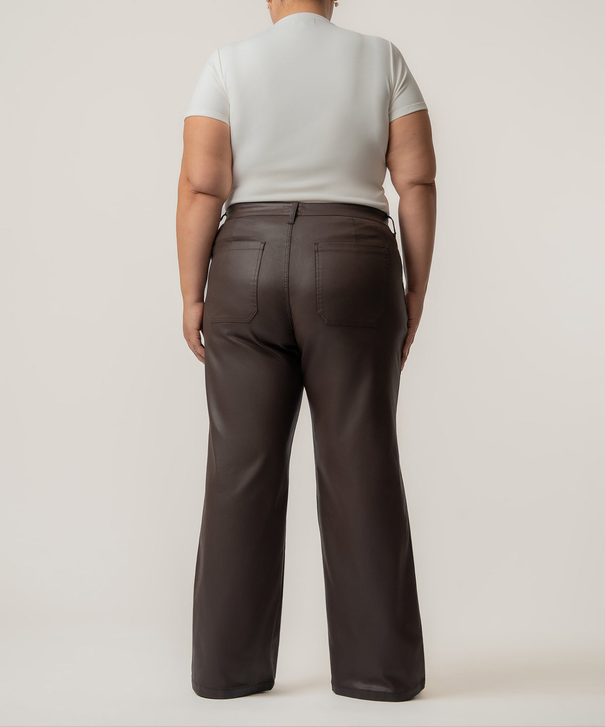 Chocolate coated high-rise straight leg pants shown from back, with visible rear pockets and waistband.