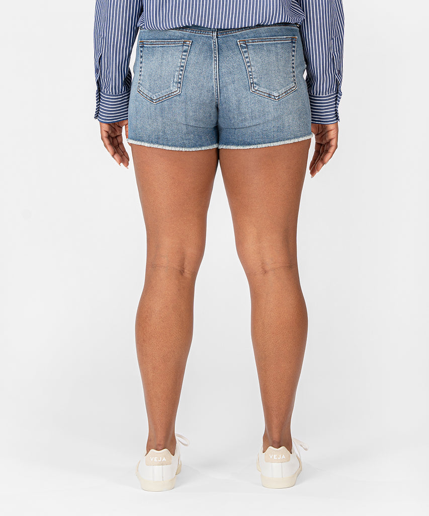 KUT From The Kloth Gidget Frayed Hem Jean Shorts - Mid Rise, Dark Blue Stretch Denim, 99% Cotton