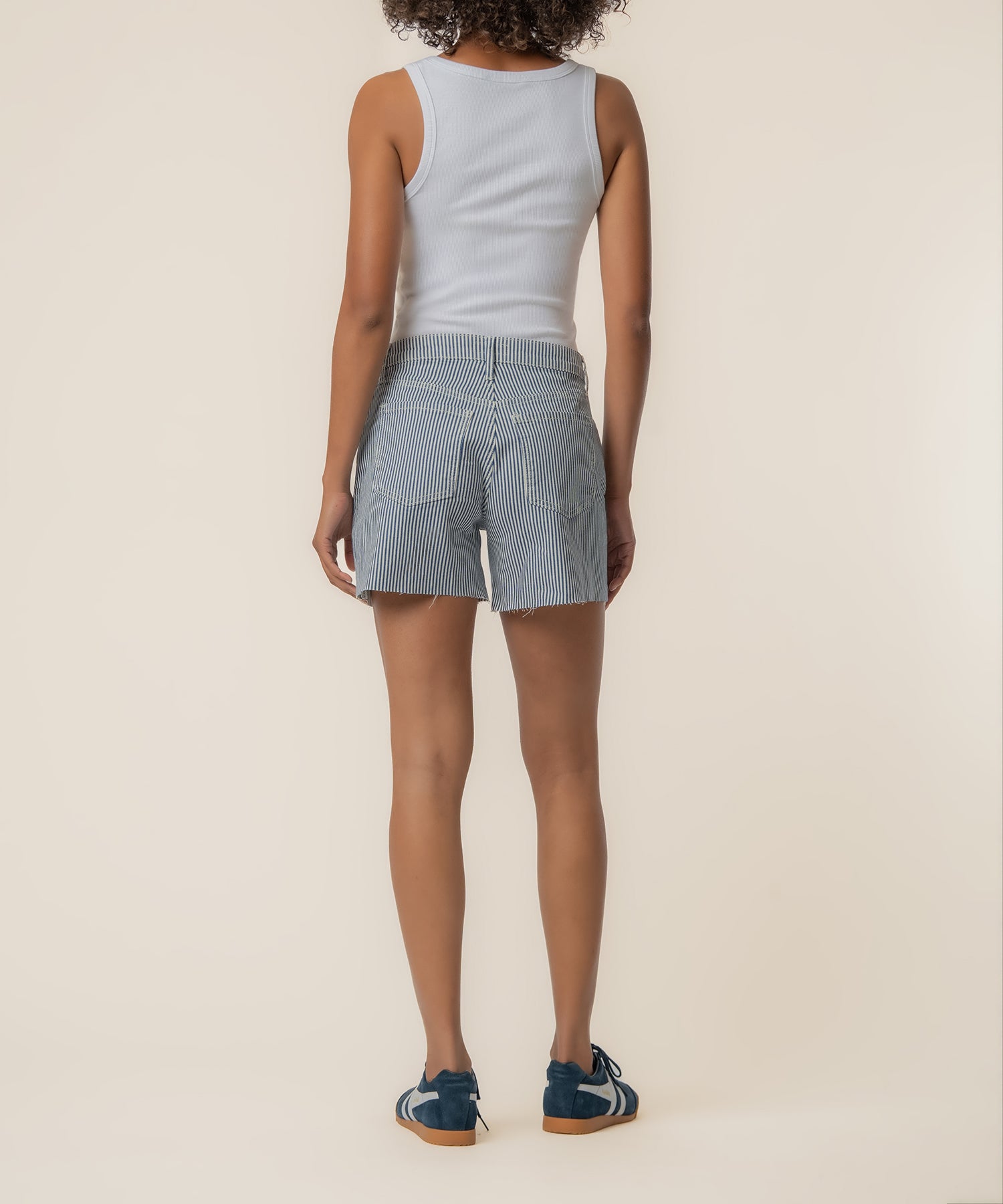 Jane Stripe Twill High Rise Long Short in Navy/Ivory
