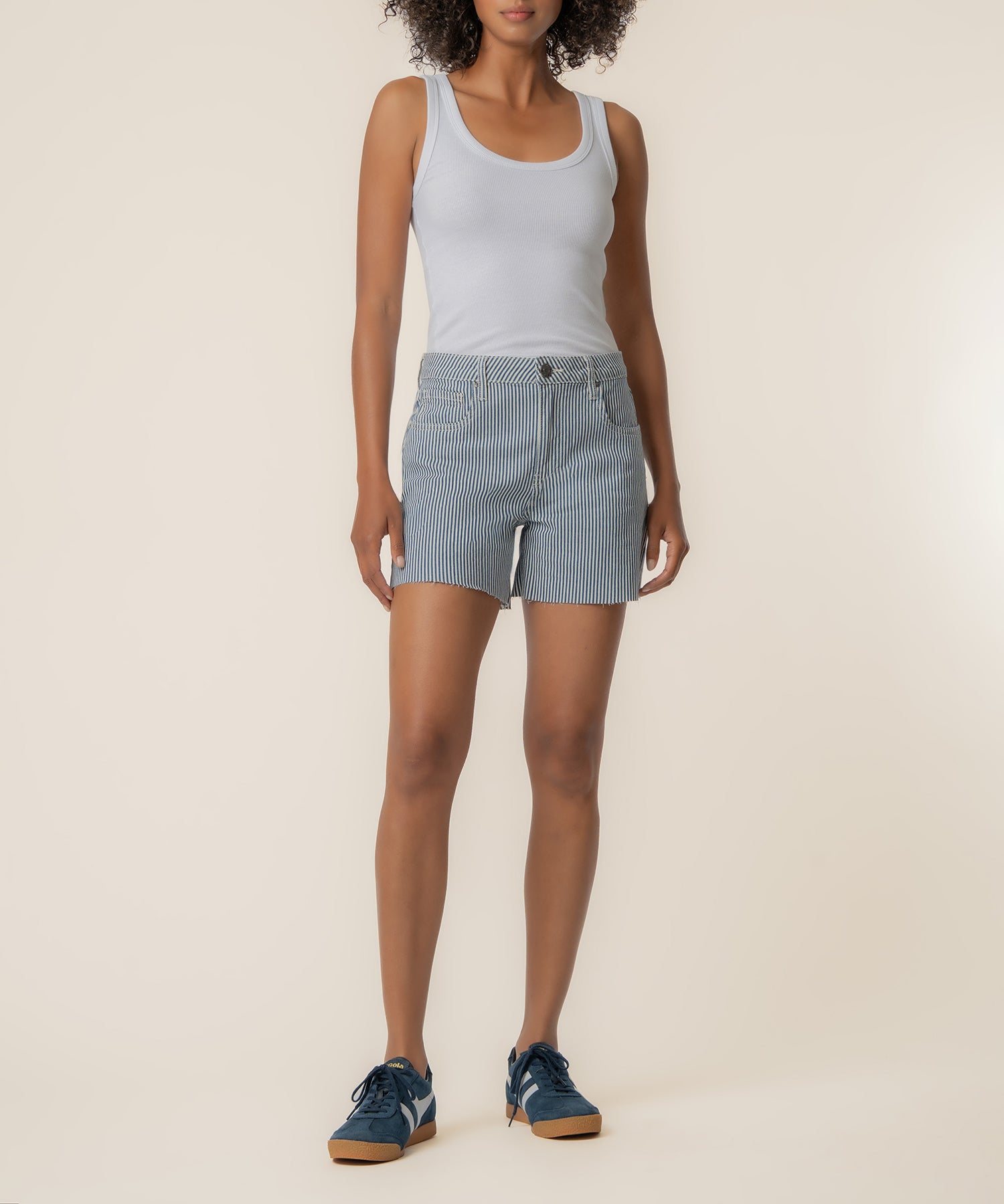 Jane Stripe Twill High Rise Long Short in Navy/Ivory