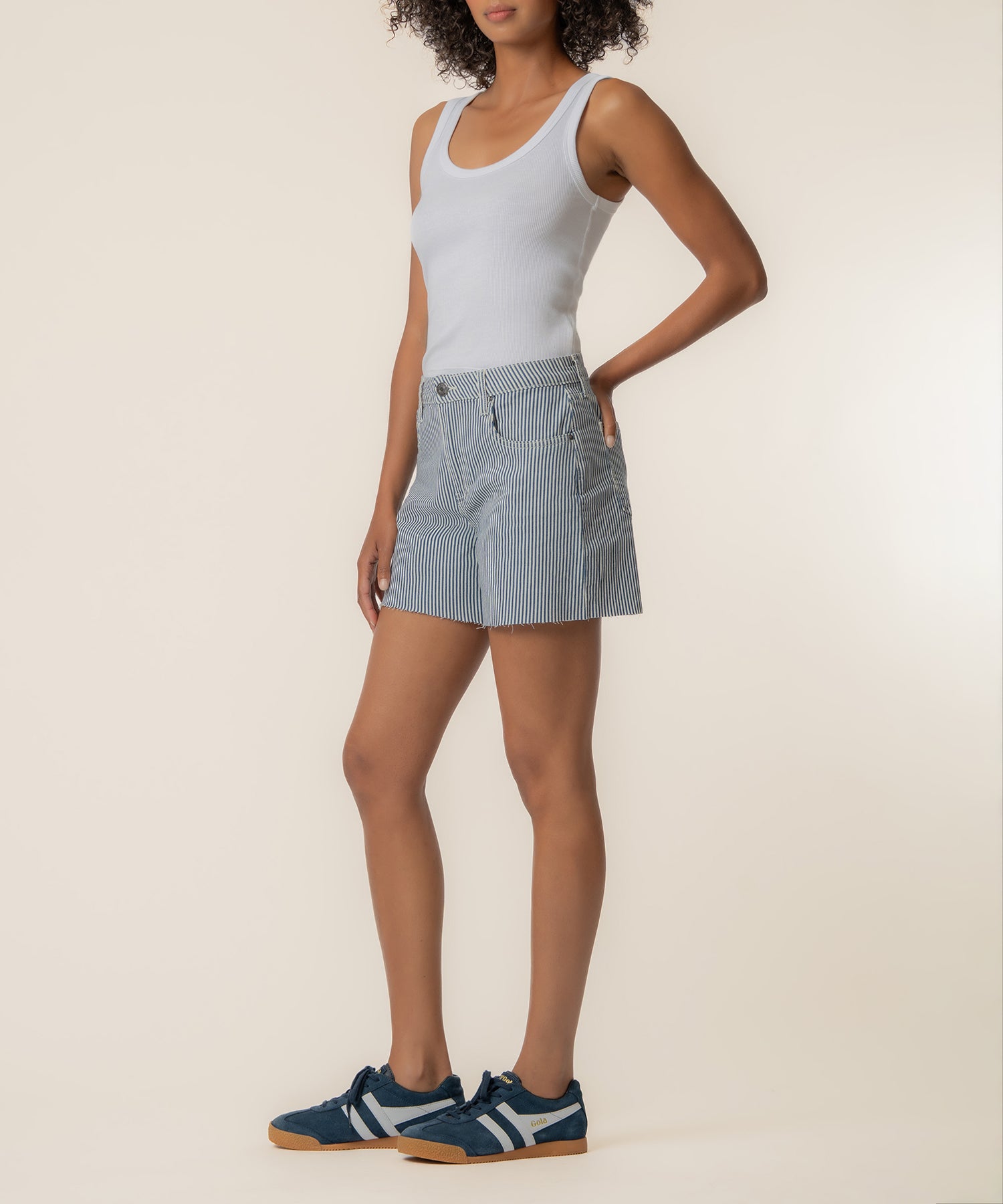 Jane Stripe Twill High Rise Long Short in Navy/Ivory