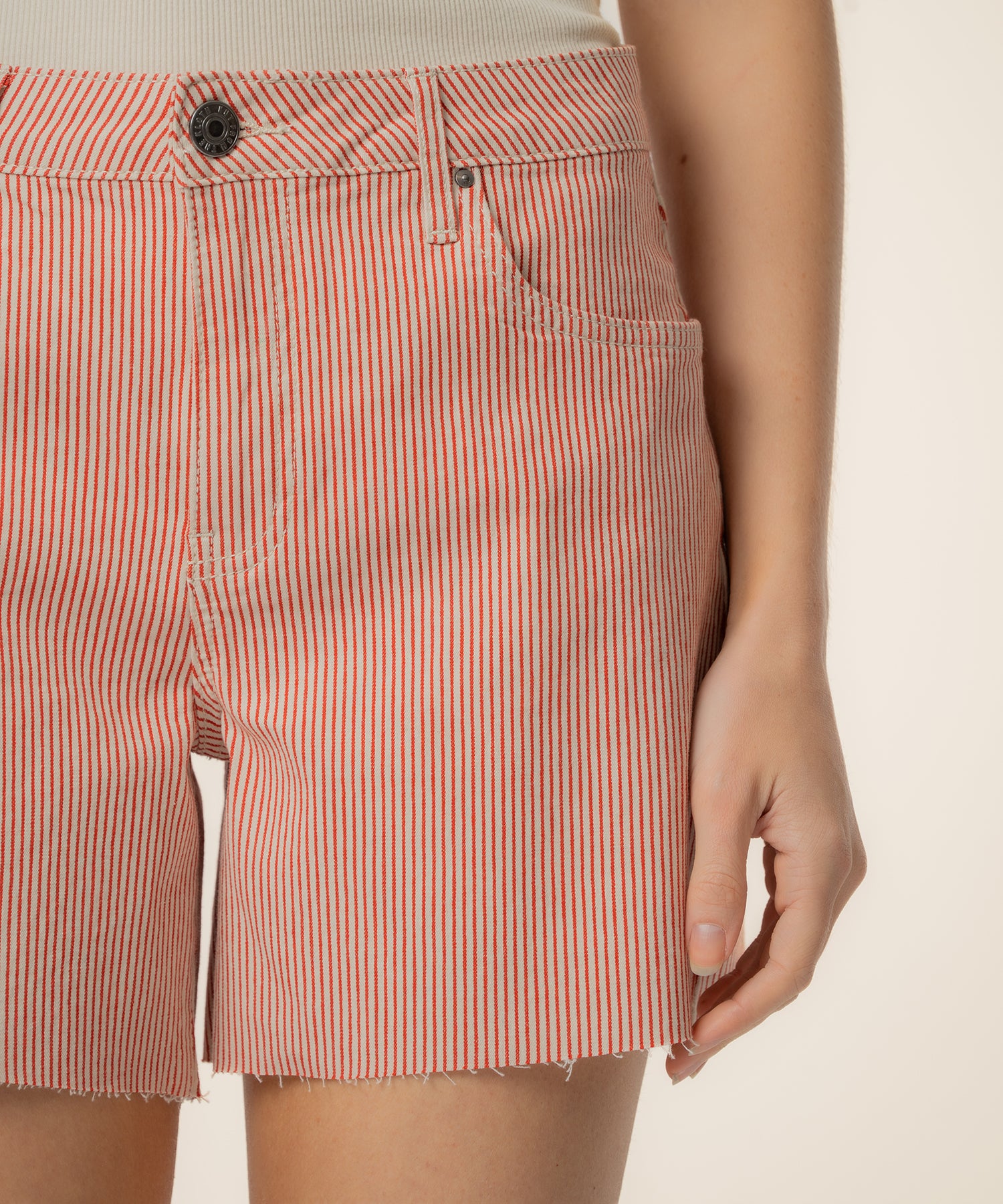 Jane Stripe Twill High Rise Long Short, Exclusive in Red/Ivory
