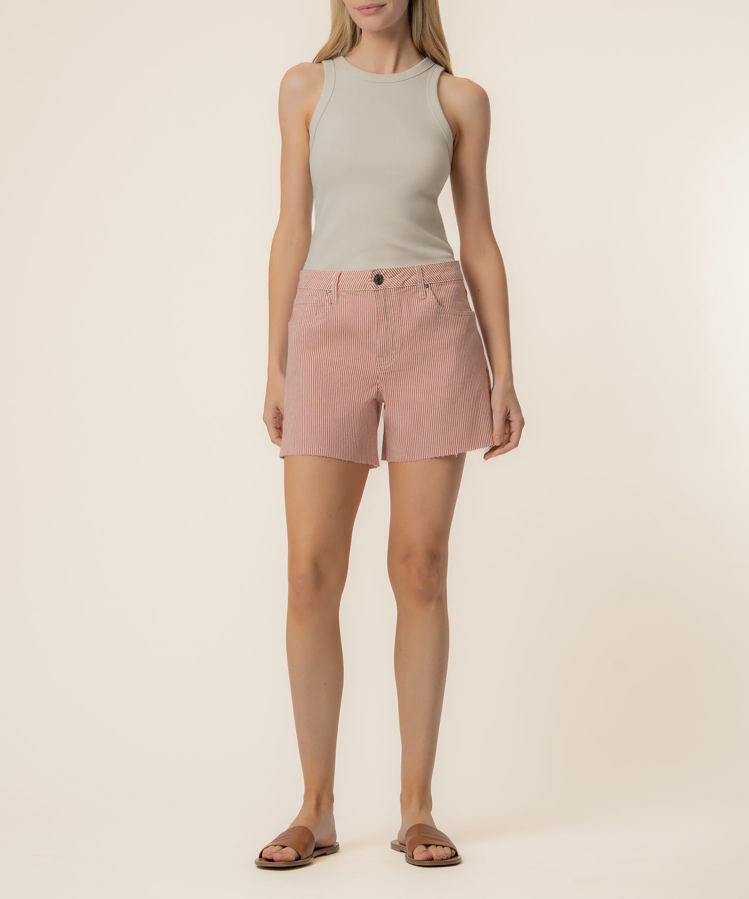 Jane Stripe Twill High Rise Long Short, Exclusive in Red/Ivory