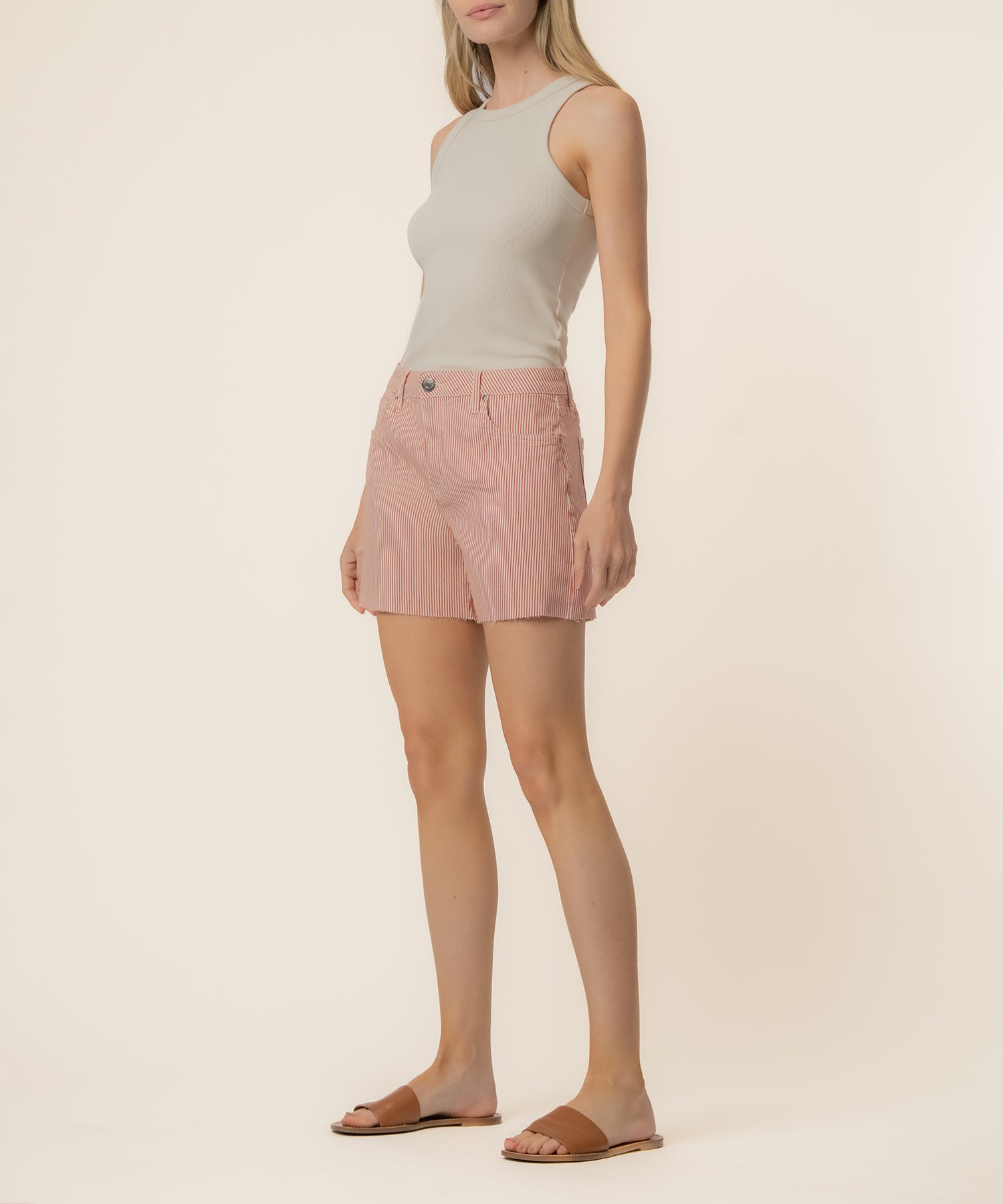 Jane Stripe Twill High Rise Long Short, Exclusive in Red/Ivory