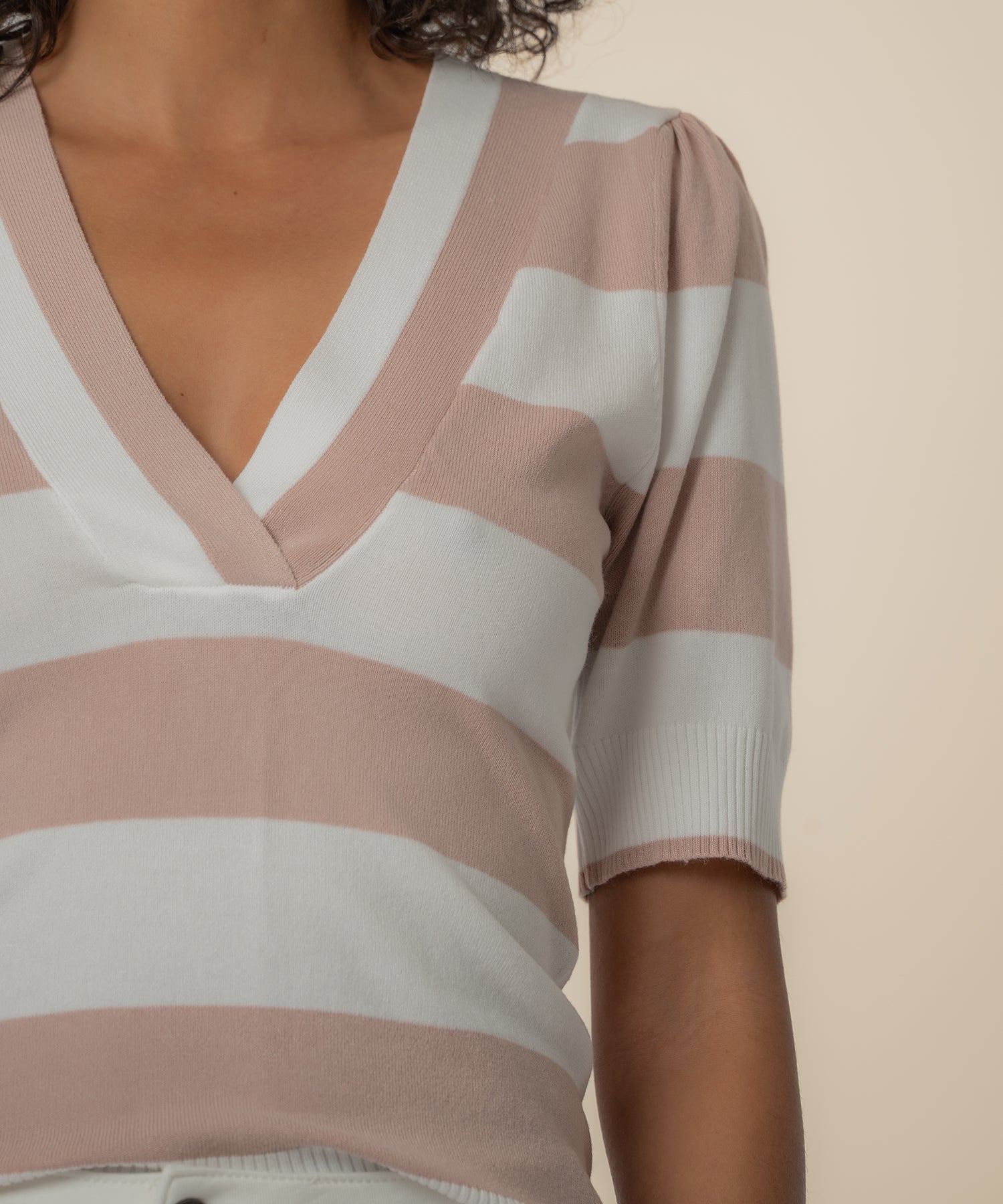 Yona Striped Knit Sweater in White/Blush