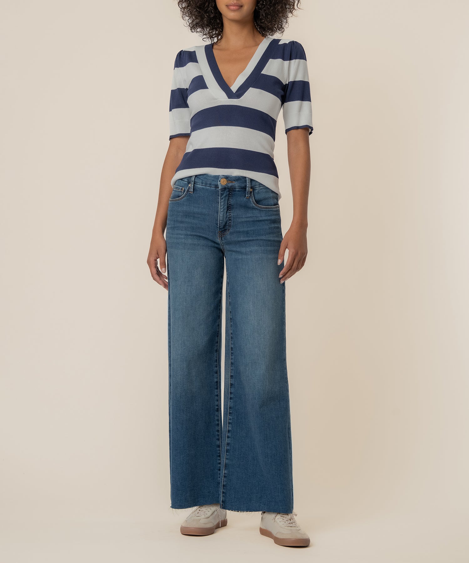 Yona Striped Knit Sweater in White/Navy - Kut from the Kloth
