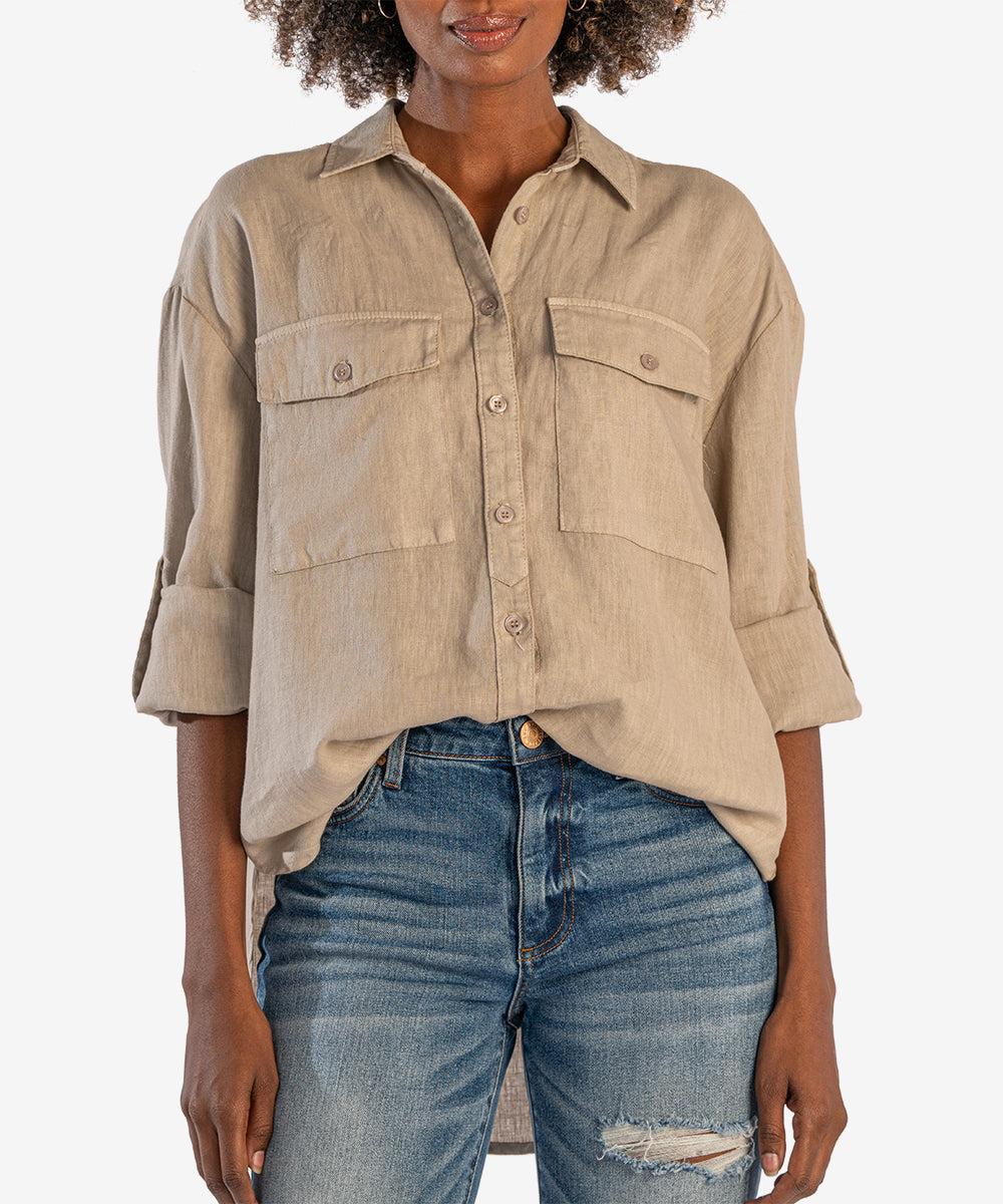 linen button front top