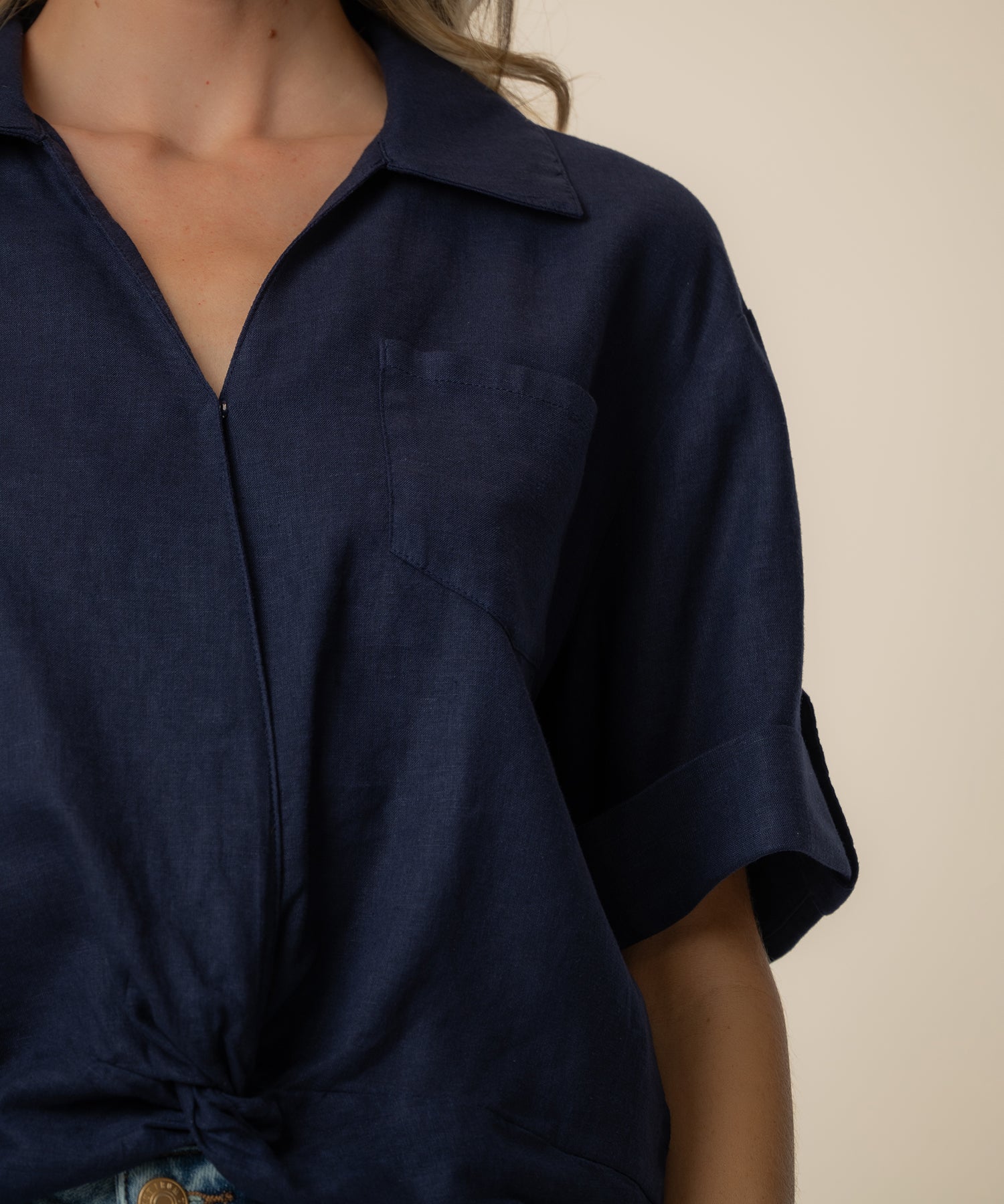 Rebel Linen Knot Front Shirt in Navy - Kut from the Kloth