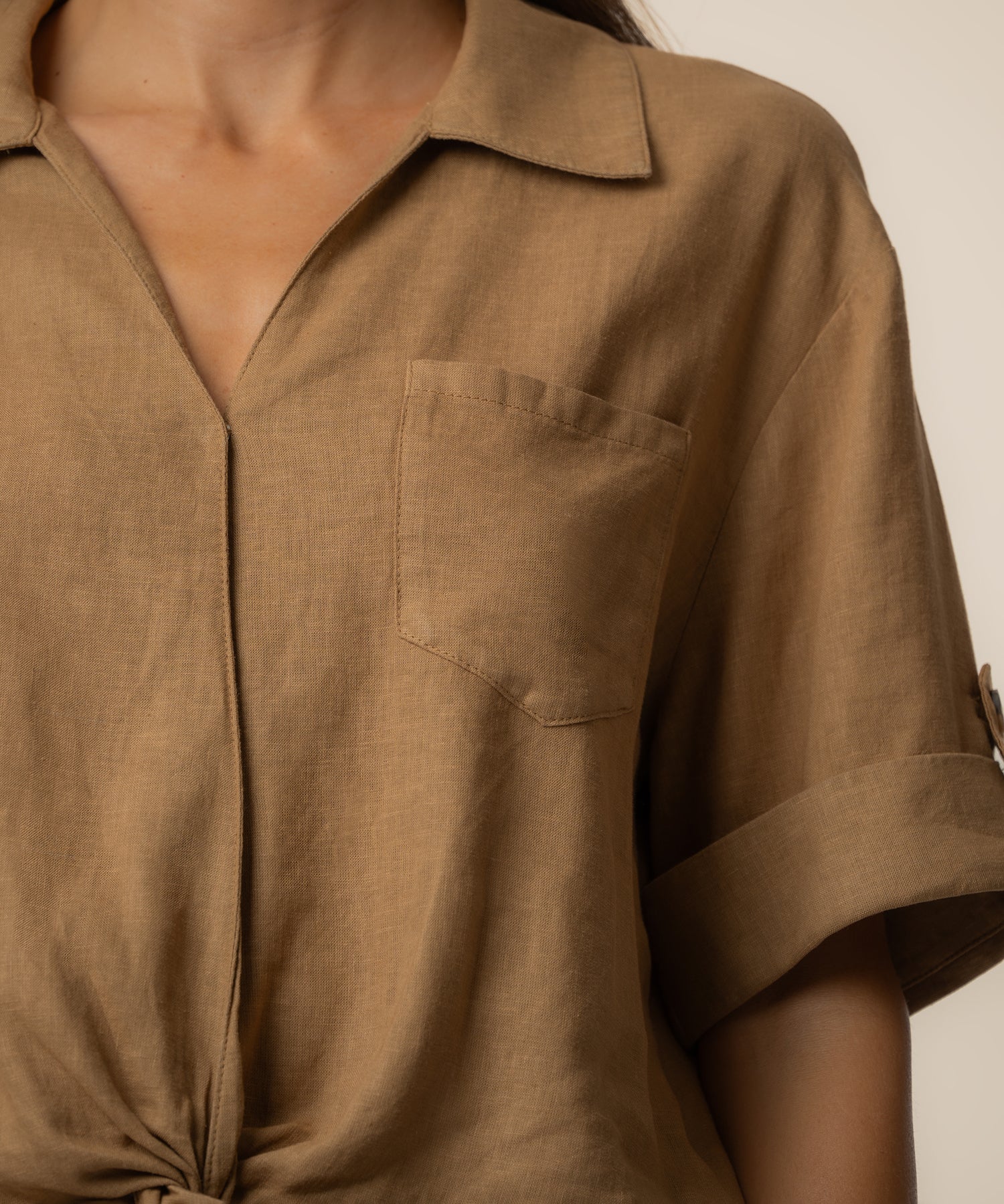 Rebel Linen Knot Front Shirt in Wood