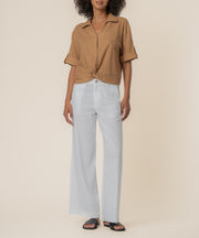 Rebel Linen Knot Front Shirt in Dot Wood/Ivory