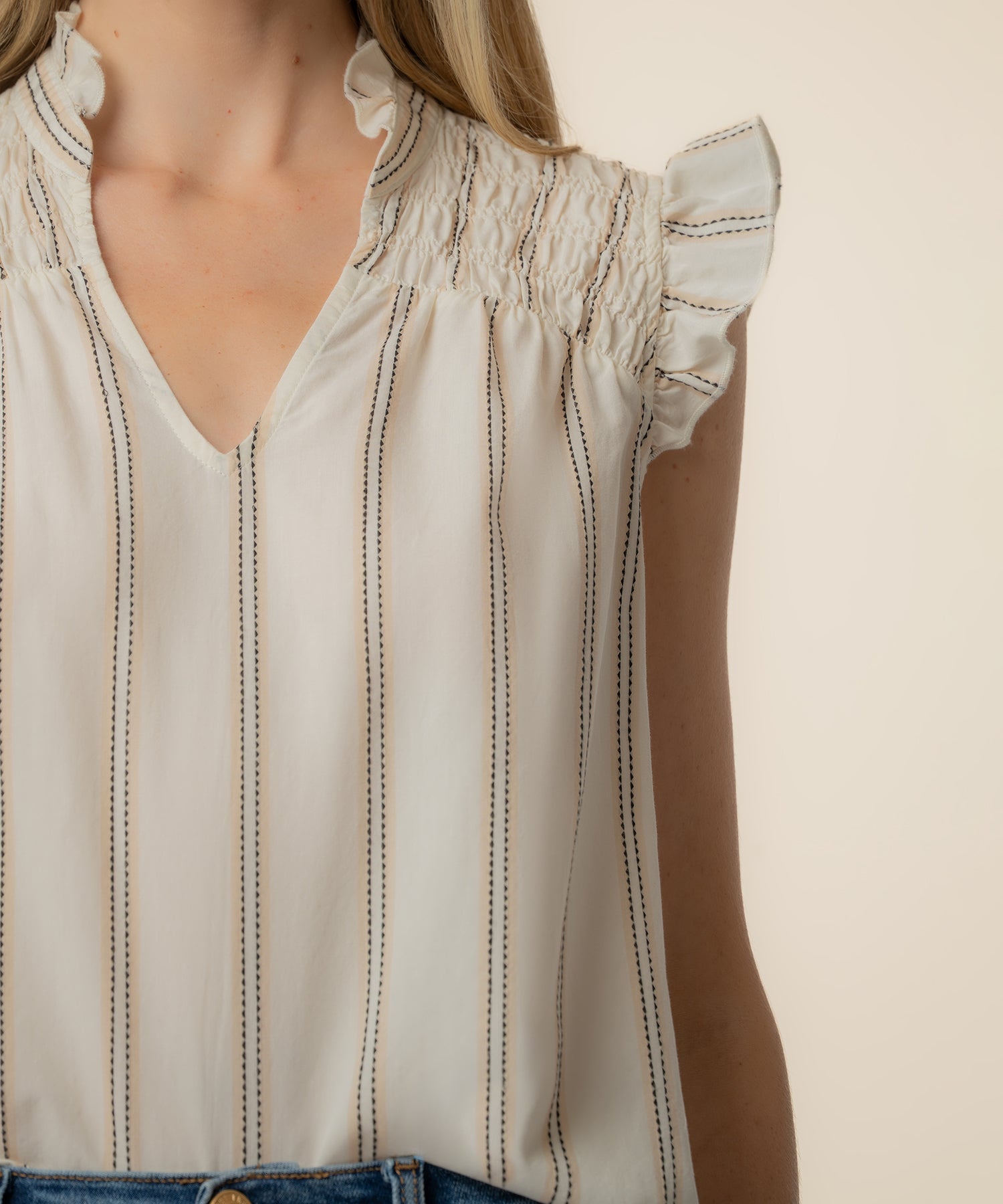 Ronda Ruffle Neck Top in Cream