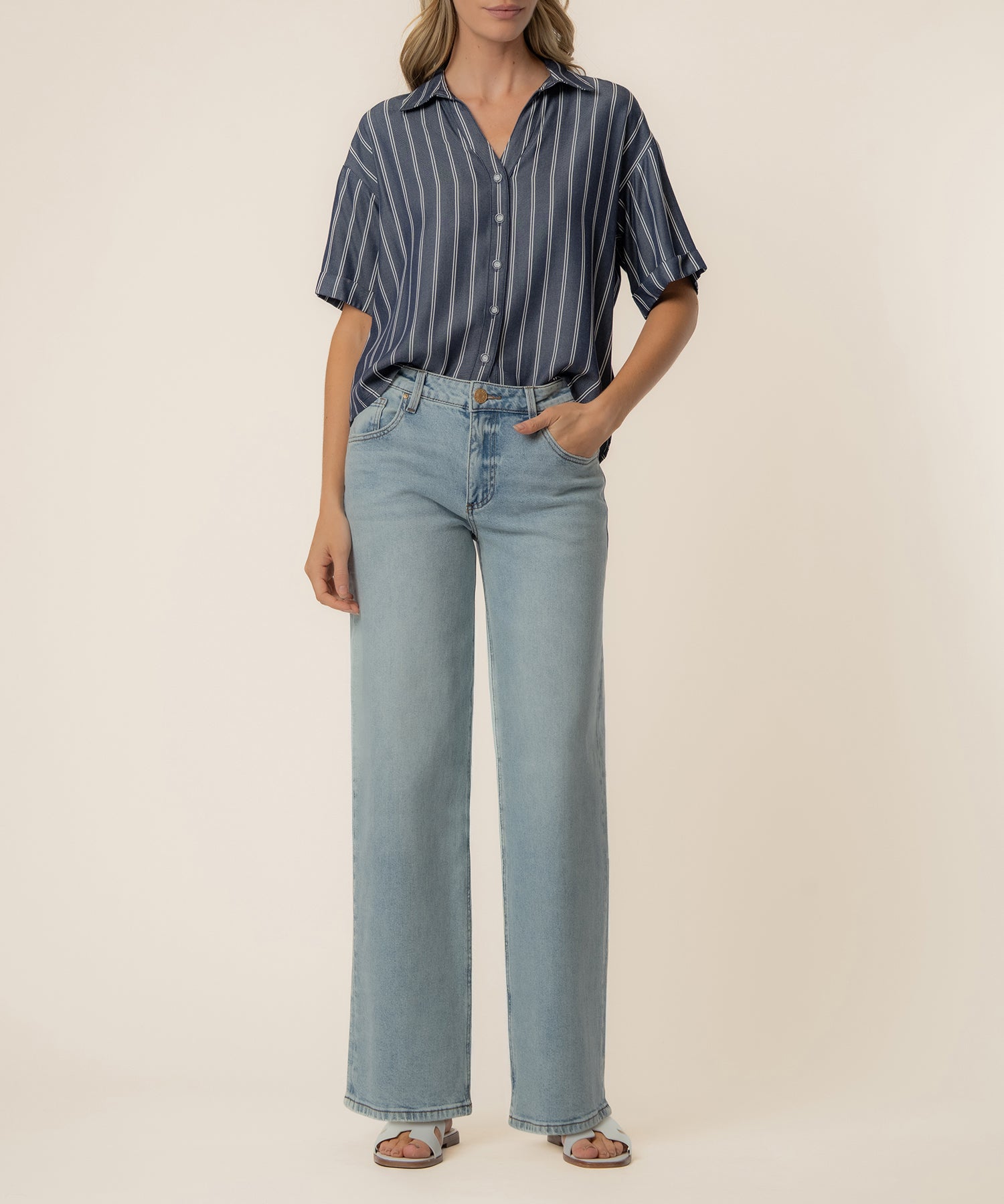 Bakehead Shirt Indigo×White Stripe 17 Brenda Stripe Boxy Shirt in Indigo/White - Kut from the Kloth
