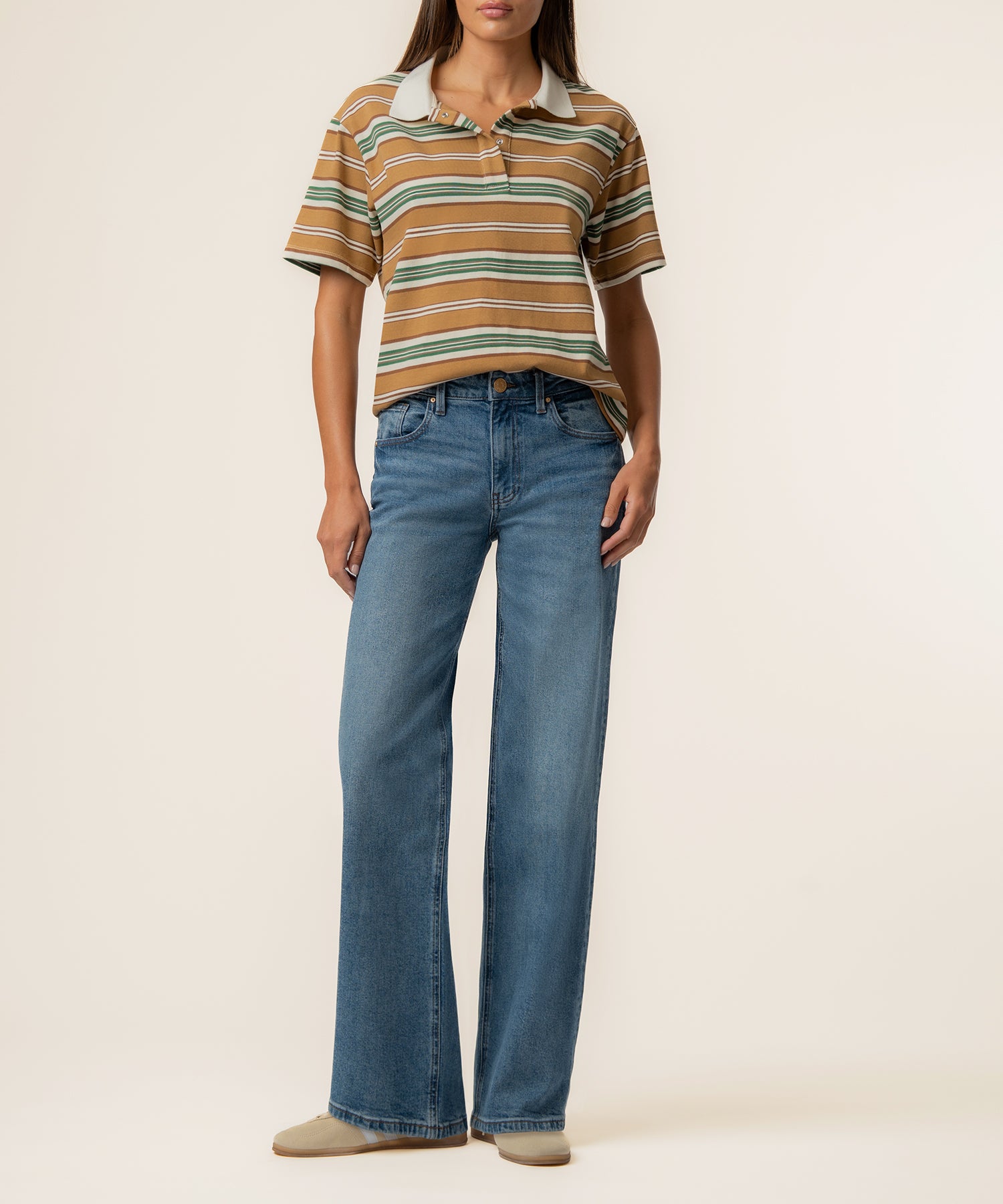 Livvy Stripe Polo Shirt in Ivory/Brown