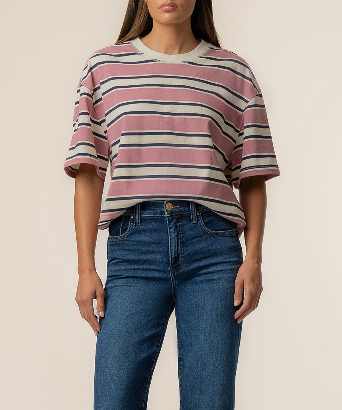 Cali Boxy Stripe T-Shirt Exclusive in Desert Rose