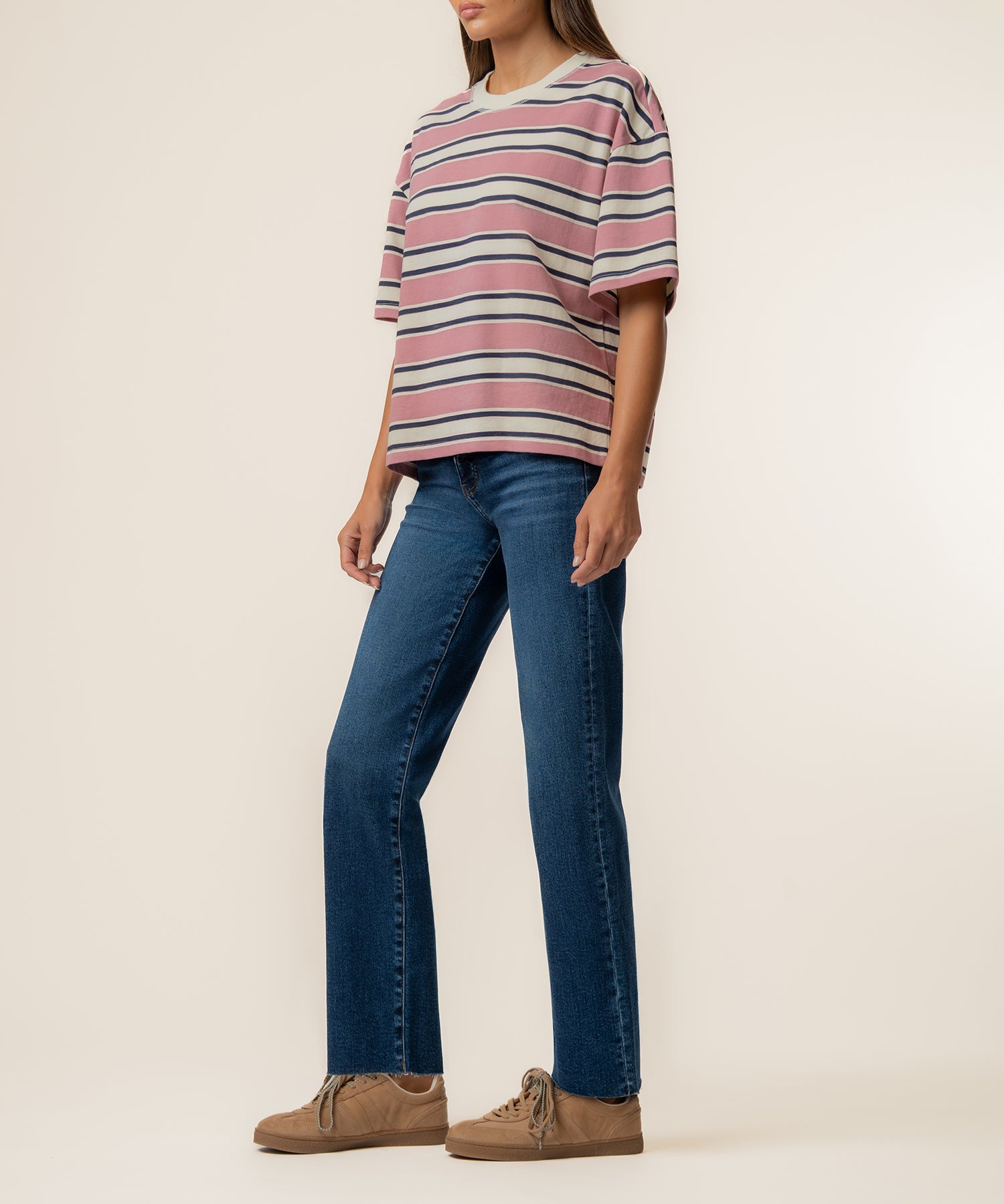 Cali Boxy Stripe T-Shirt Exclusive in Desert Rose