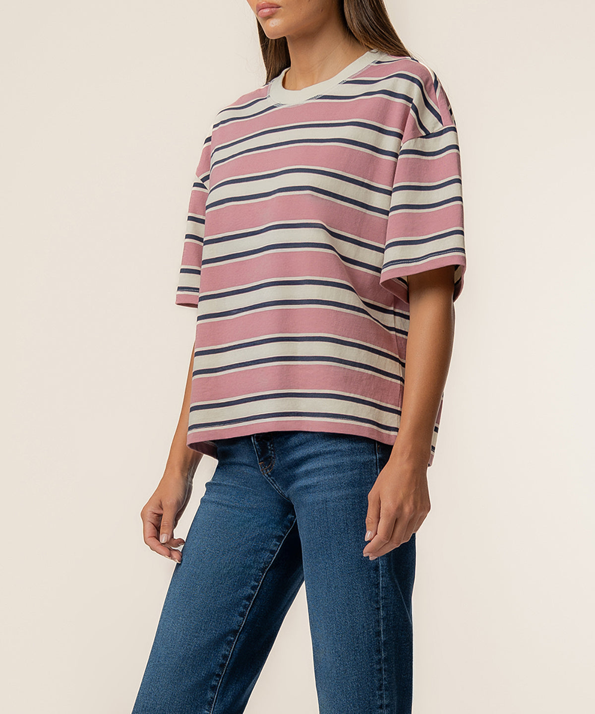 Cali Boxy Stripe T-Shirt Exclusive in Desert Rose